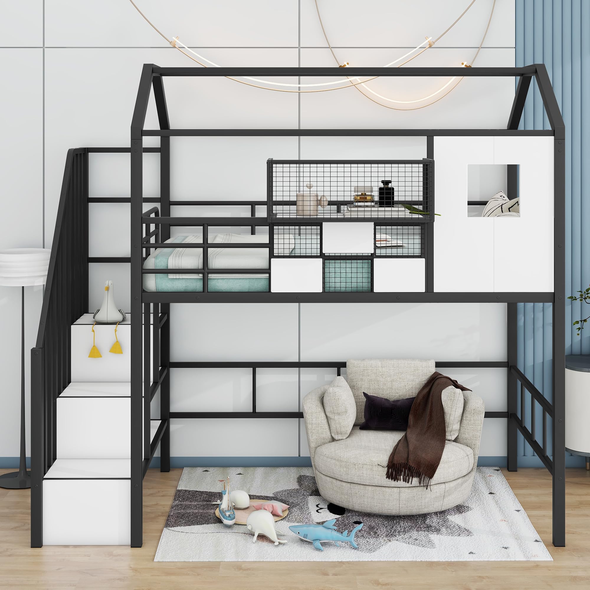 SOFTSEA Twin Size Metal Loft Bed with Roof Design and a Storage Box,House Shaped Loft Bed for Kids, No Box Spring Needed, Black