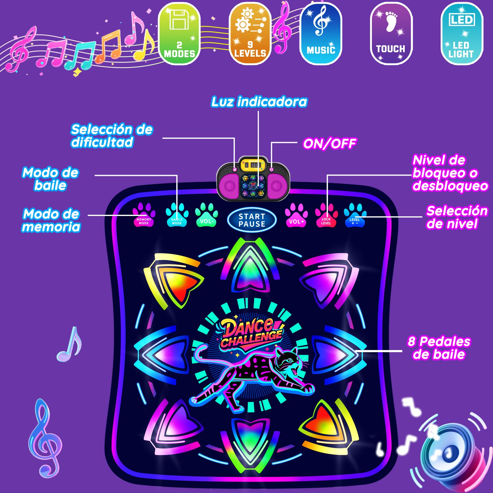 MOMUSE Alfombra de Baile con 2 Modos, Alfombra Musical | Luces LED, 9 Niveles, Volumen de 5 Niveles, Juguete Regalo Cumpleaños Navidad para Niñas Niños 3 4 5 6 7 8