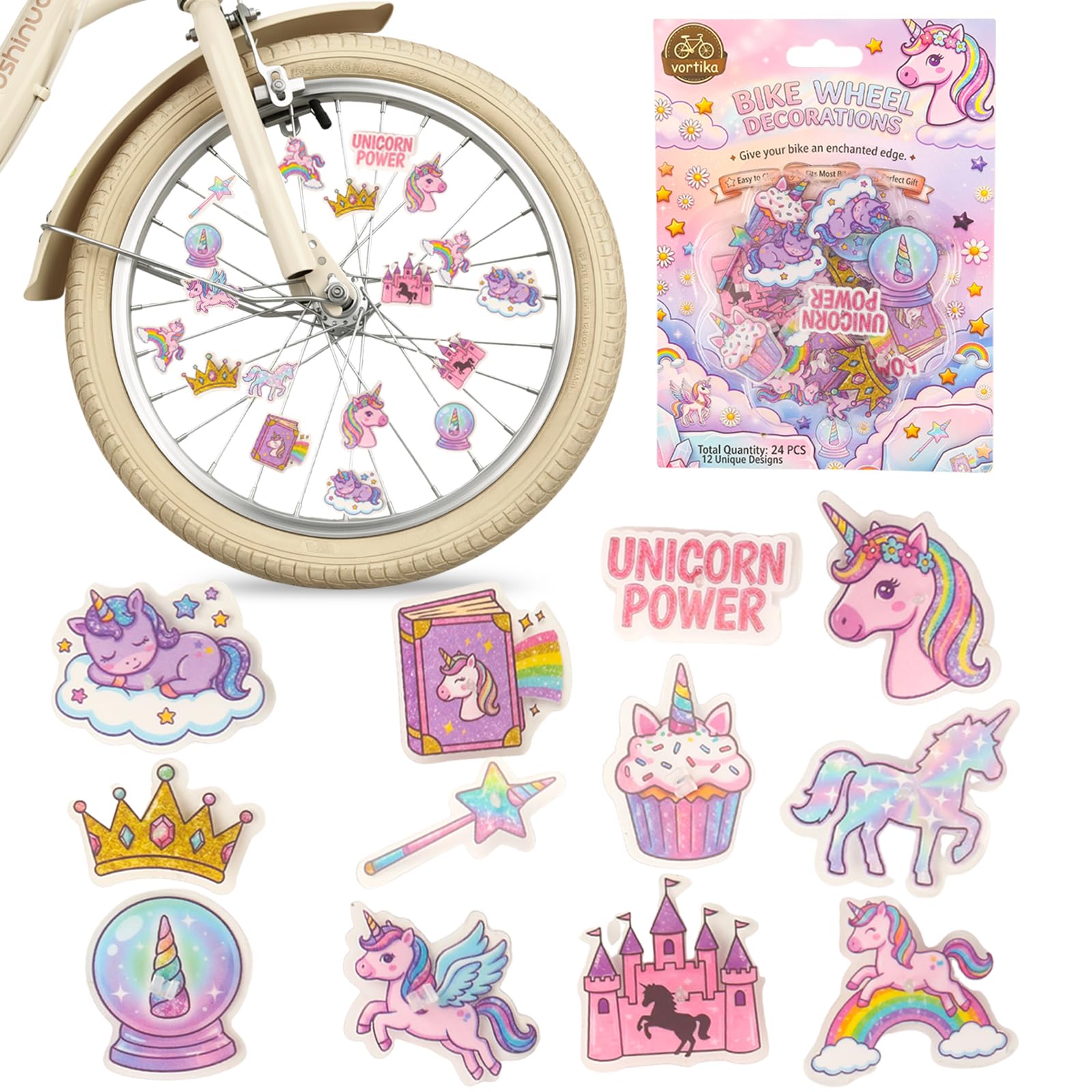Bike Spoke Decorations for Kids, 24Pcs Colorful Clip-On Wheel Beads Unicorn