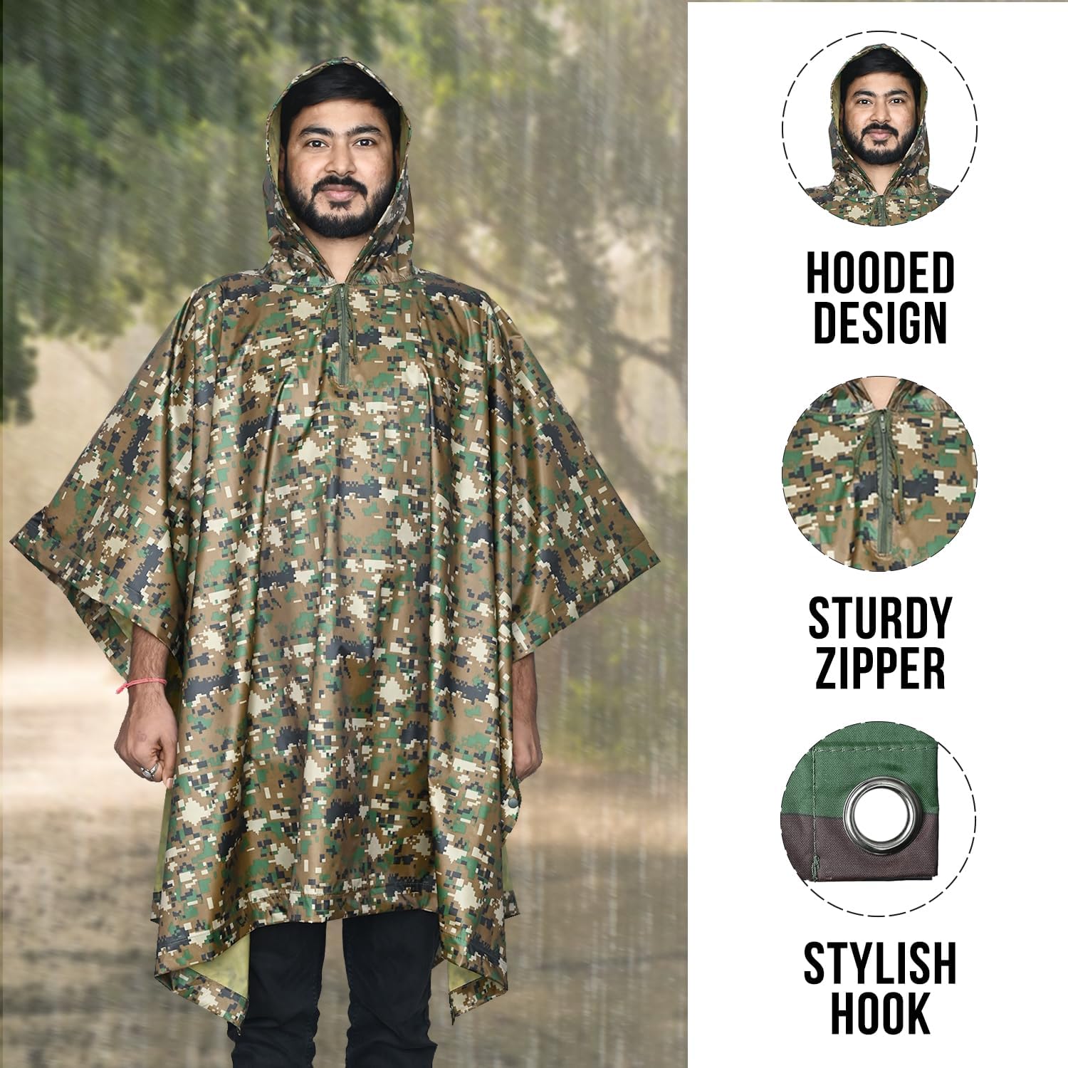 Amazon Brand - Symactive Hooded Raincoat Foldable Polyester Poncho Water Resistant Rainwear Outdoor Camping Heavy Duty Military Suit for Men Women (Pack of 1, Military Green) 1