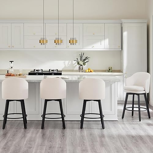 Miniatura 3 de Taburetes de bar giratorios tapizados de 26 pulgadas con respaldo y patas de madera para isla de cocina, juego de 2, tela beige