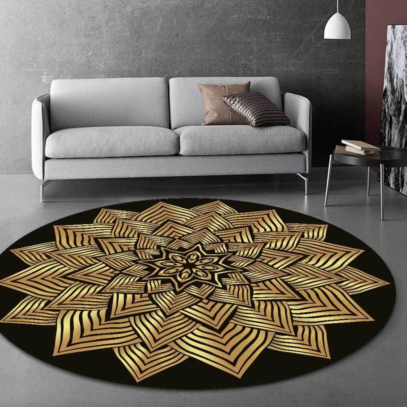 Eco Friendly Duży Okrągły Dywan Złote Geometryczne Kwiaty Antypoślizgowe Okrągłe Dywany do Sypialni Salon Przedszkole Decor ø 80 cm