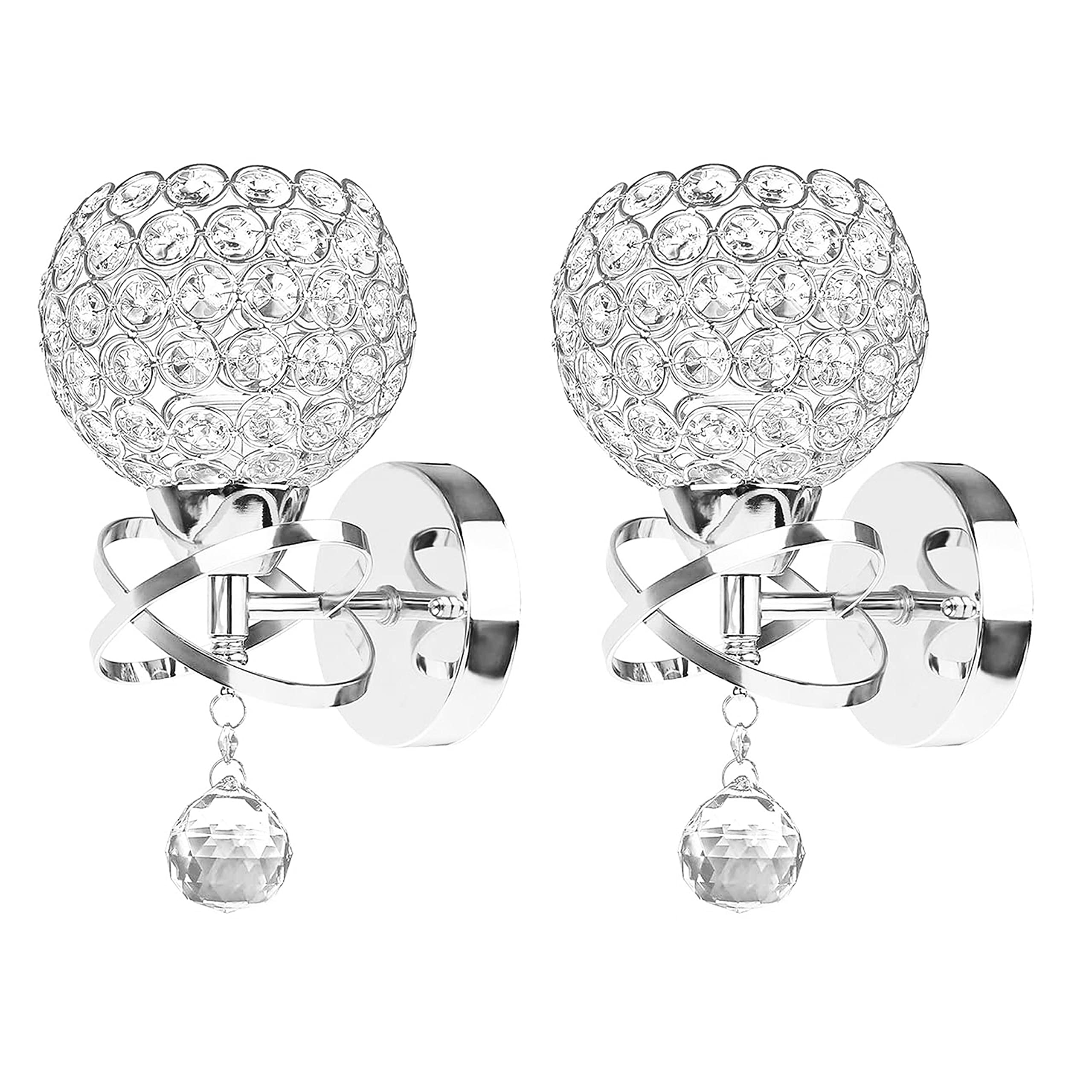 Crystal Wall Sconces Set of Two, Modern Wall Light Sconces Wall Lighting with Hanging Crystal Ball, Wall Mount Lamp Bedside Wall Lamp Silver Sconces Wall Decor for Bedroom Living Room Hallway