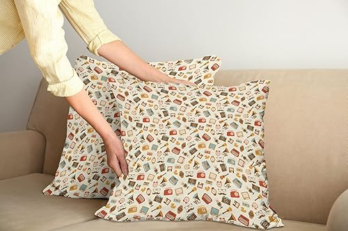 Miniatura 2 de Ambesonne Juego de 2 fundas de cojín vintage con patrón retro, reloj despertador, máquina de escribir, gramófono, radio, casete con cremallera,