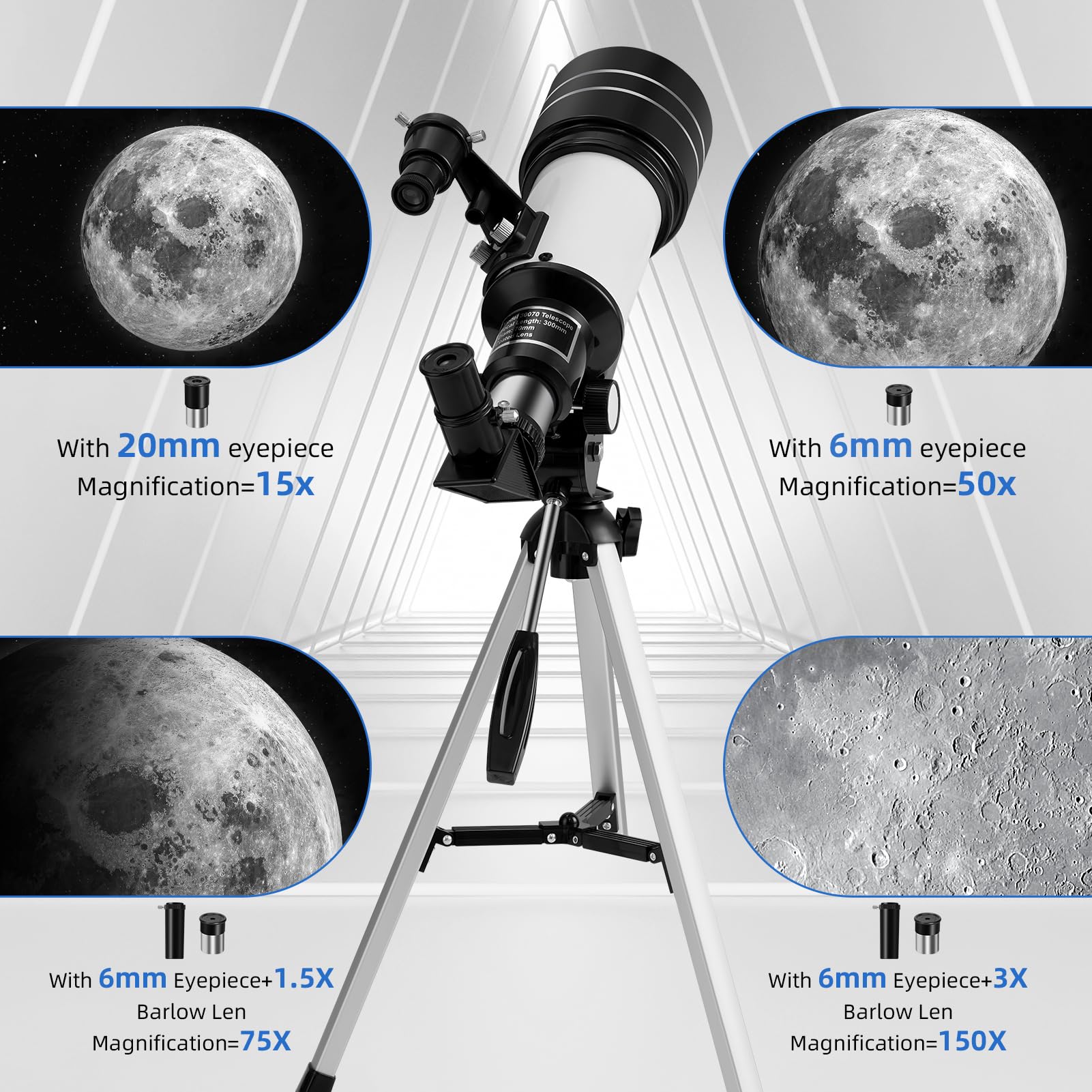 Telescopio Astronómicos para Adultos, Telescopios Refractores con Trípode, 70mm Apertura 300mm Telescope Portátil - Telescopios Refracción para Niños Principiantes,Con Barlow,Teléfono Soporte