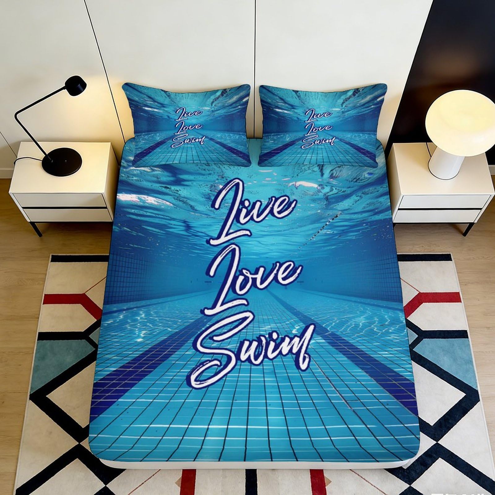 3D Printed Swimming Pool Fitted Sheet Microfiber Live Love Swim Bed Cover Decor for Bedroom Guest Room Mattress Protection 90x200x25cm