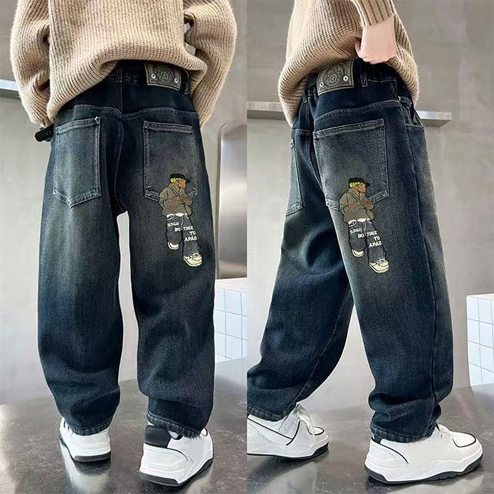Generico Jeans Bambino 5-14 Anni Elasticizzati Larghi Pantaloni Jeans Denim Ragazzo con Elastico in Vita Gamba Dritta Morbidi Pantaloni Lavoro Cargo Loose Invernali Y2K Streetwear Tasche