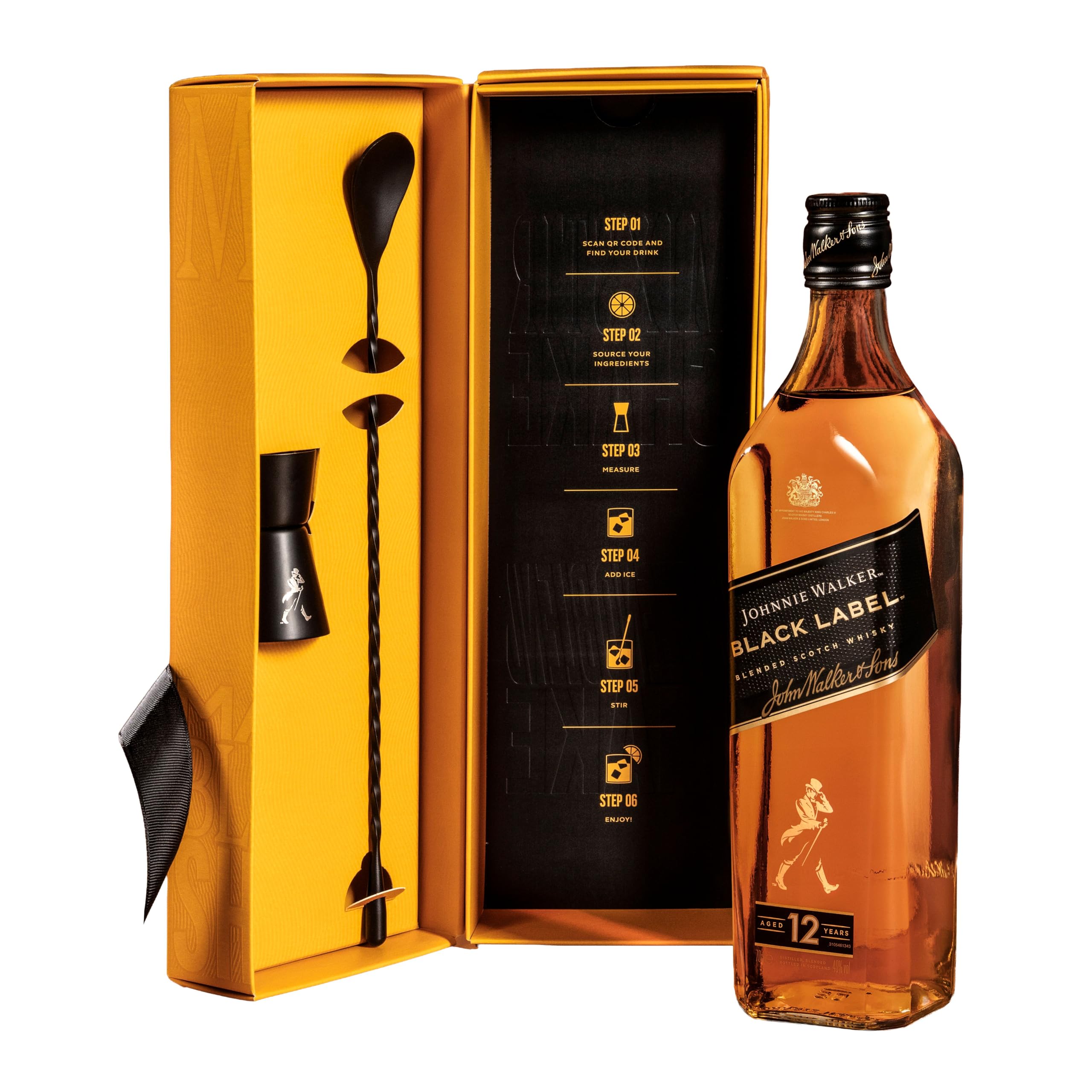 Johnnie Walker Black Label Cocktail Kit | 40% vol | 70cl | Blended Scotch Whisky | Includes Stirrer and Jigger | Cocktail Set Perfect for Gifting