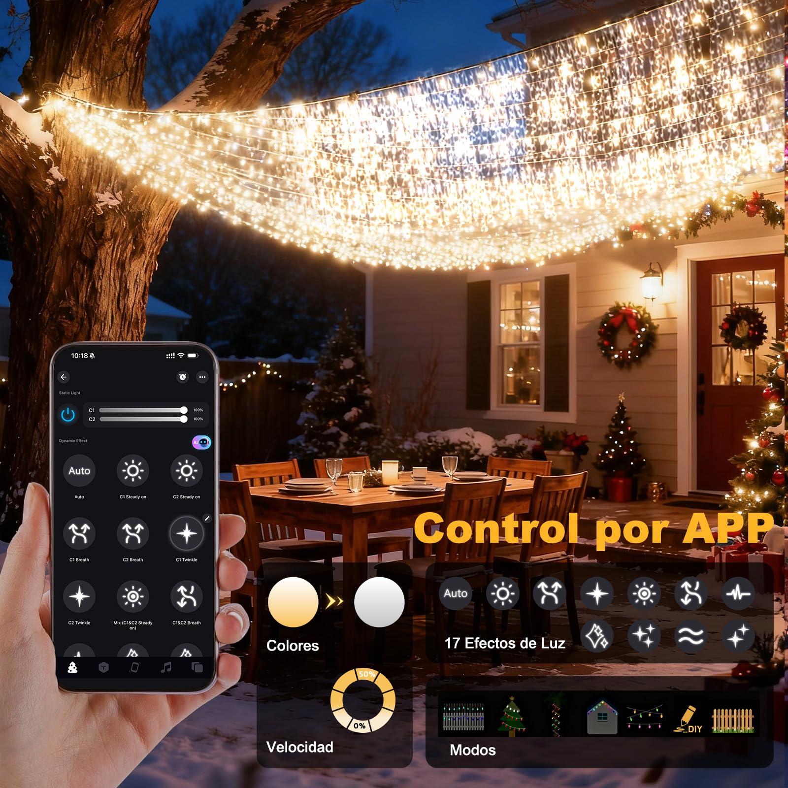 Luces Navidad Exterior, Cortina Luces Exterior Blanco Cálido y Fría, Luz Navidad con Control Remoto y APP, 17 Modos+4 Brillos+Temporizador, Decoracion para Christmas (30M-1200L,C/F)