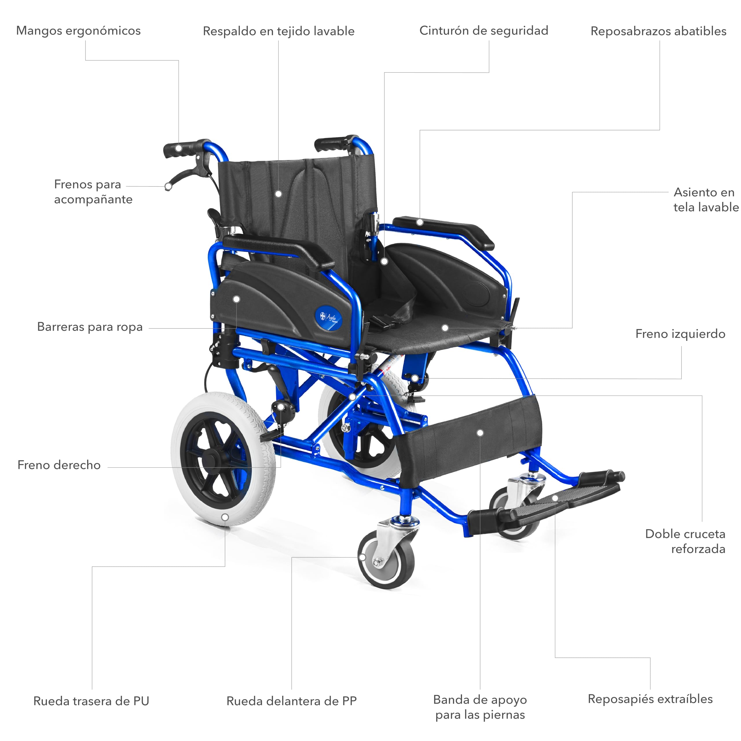 AIESI® Silla de Ruedas plegable Ultra-ligera de aluminio con freno para discapacitados y mayores AGILA TRANSIT, Doble sistema de frenado, Cinturon de seguridad, Garantía de 24 meses