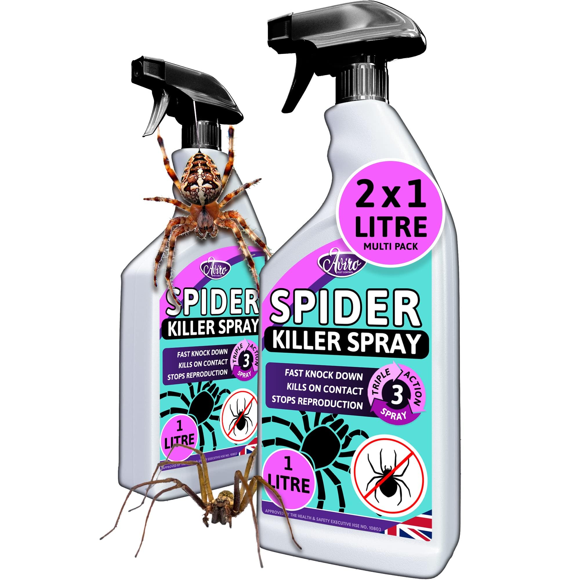 Aviro Spider Repellent - Fast Acting Spider Killer Spray. Professional Grade Insect Spray for Immediate Control Against Spiders & Crawling Insects. Indoor & Outdoor Spider Spray 2 x 1 Litre Bottles