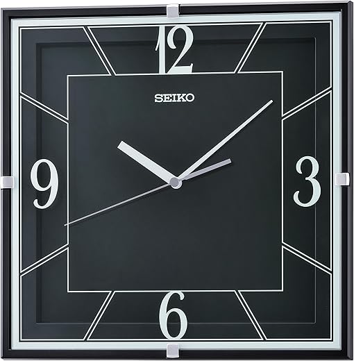 SEIKO QXA821KRH Square Glass Printed Non Ticking Wall Clock, Black, 11 Inch