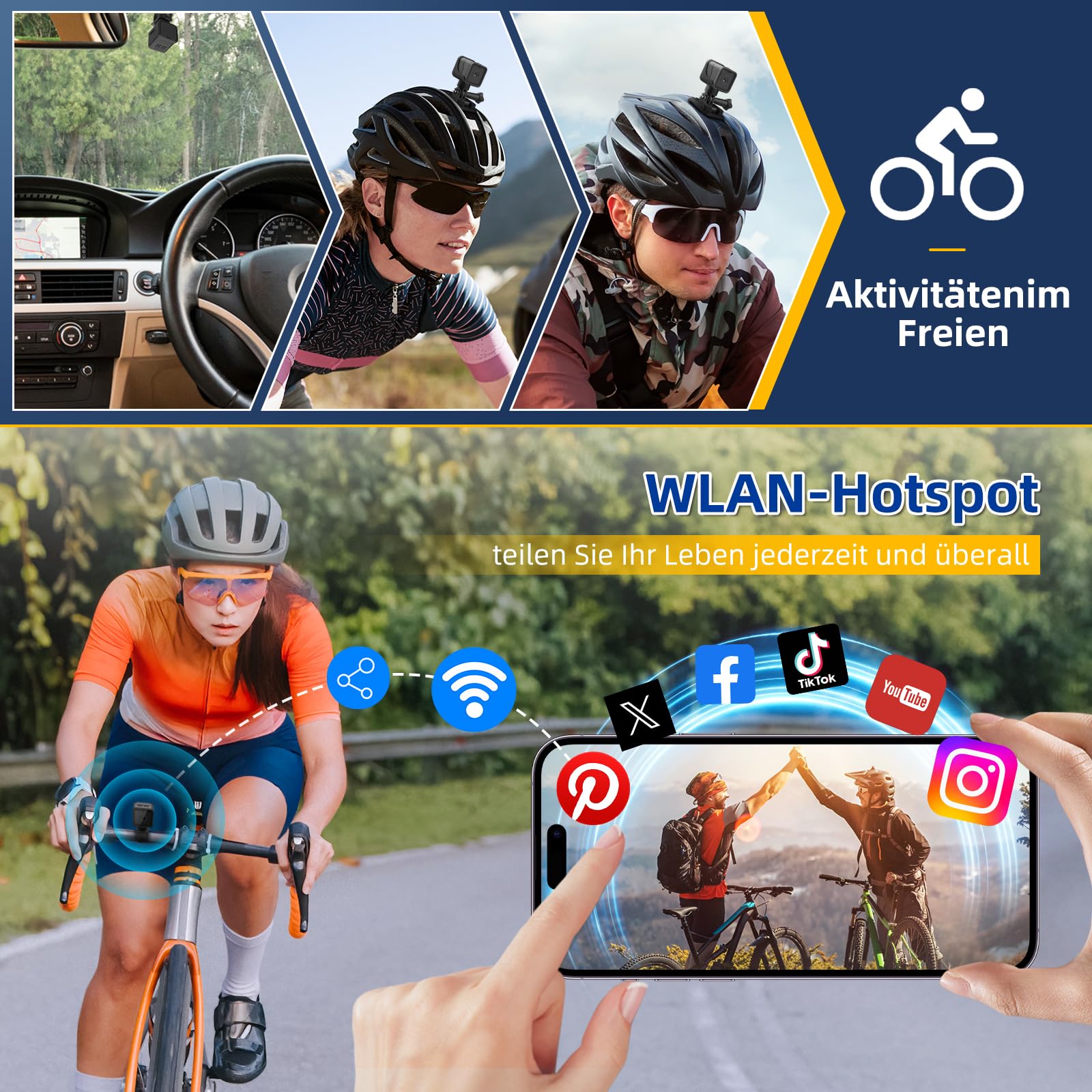 AIKER Mini Action Cam,Verbesserte Version Dashcam Fahrrad,Clever und einfach und Echtzeit-Pegelkorrekturfunktion helmkamera,WiFi 1080P HD&120°Weitwinkel Action Kamera,Mit 64GB Speicherkarte