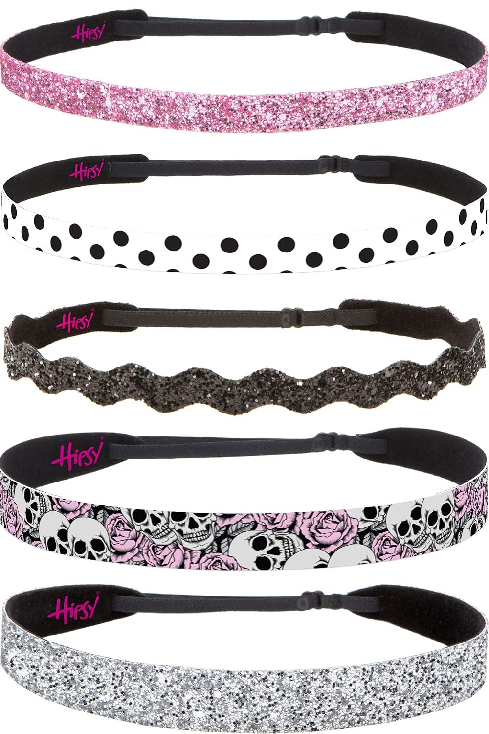 Hipsy Adjustable No Slip Bling Glitter & Fashion Printed Headbands Mixed 5-pack for Women Girls & Teens (Light Pink Multi 5pk)