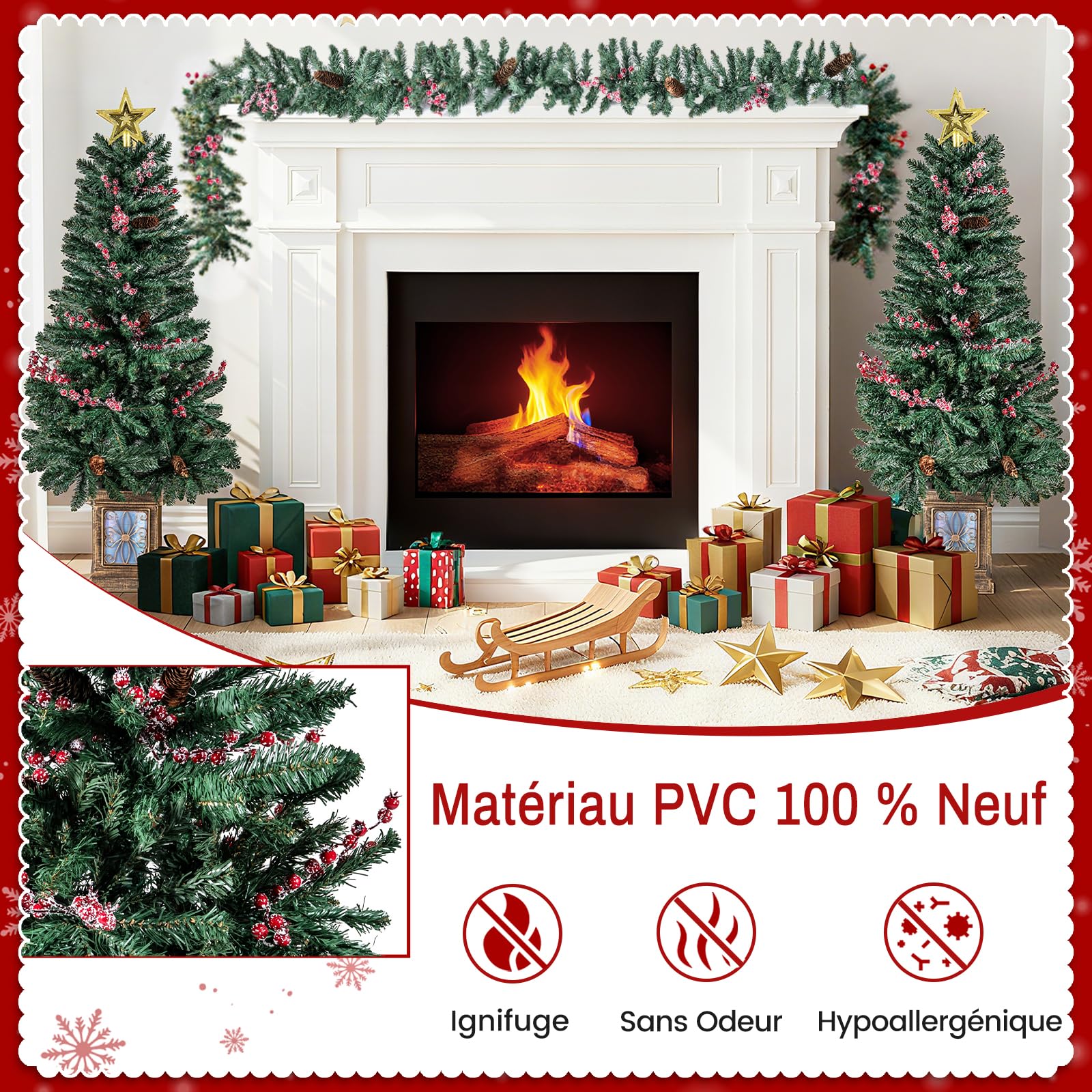 COSTWAY Lot de 2 Sapin de Noël en Pot, 1 Guirlande, 1 Couronne, Pommes de Pin, Baies Rouges Givrée, Étoile de Cime, Décoration Saisonnière pour Cheminée, Porche