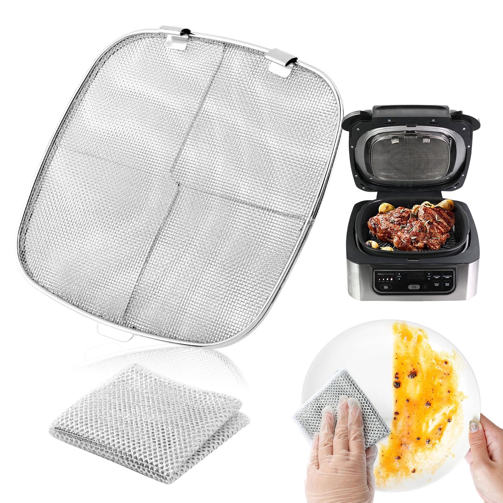 Kitchen Splatter Shield with Wire Dishwashing Rag,Stainless Steel Spatter Guard for NinjaFg551 Foodi,Air Fryer Accessories Replacement Parts Fine Mesh Splatter Screen(Square,21.49x21.49cm)