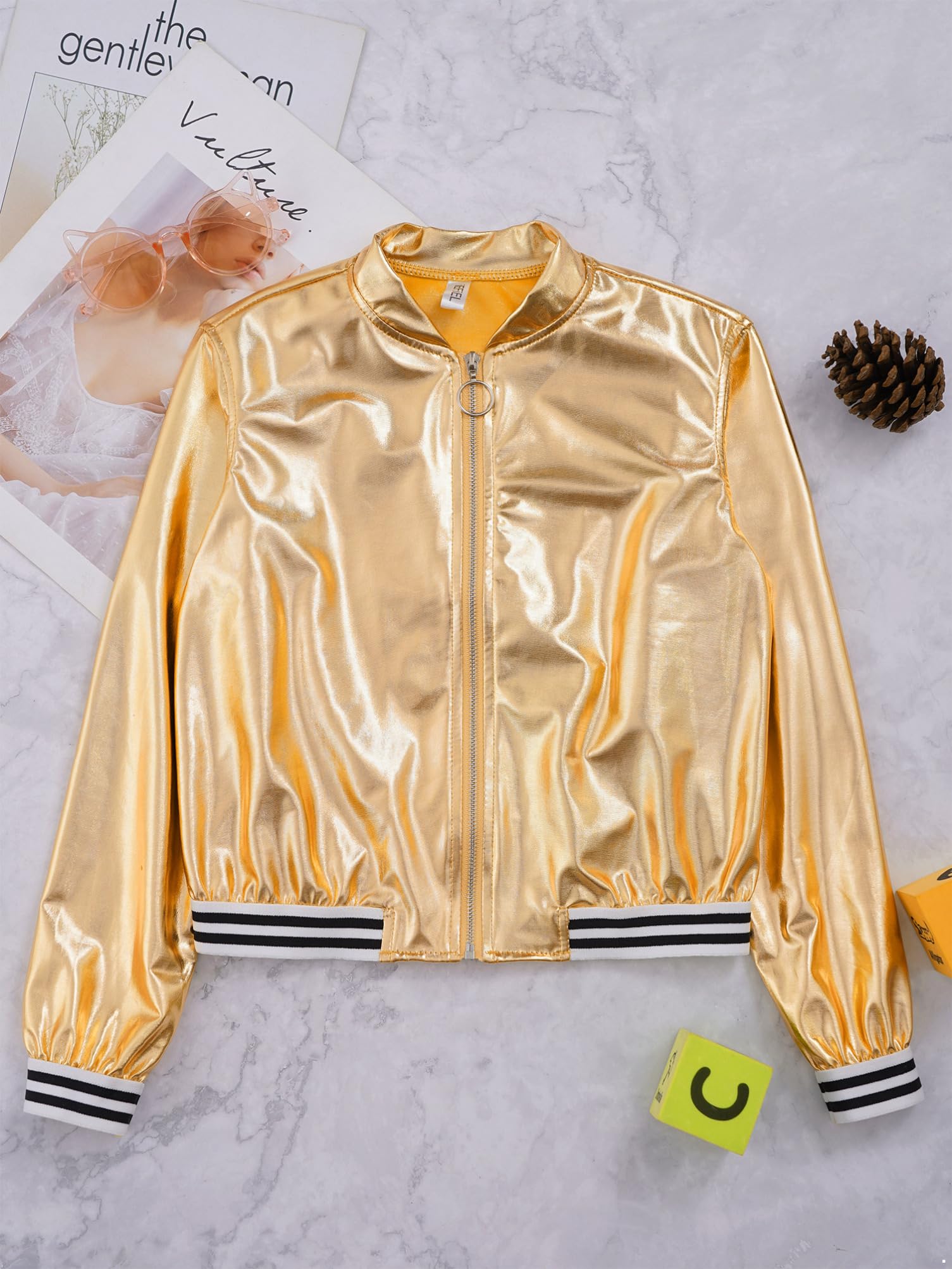Aislor Jacke Kinder Mädchen Glänzende Bolerojacke Langarm Jacket Glitzer Top mit Reißverschluss Bikerjacke Hip Hop Disco Blazer Karneval Kostüm