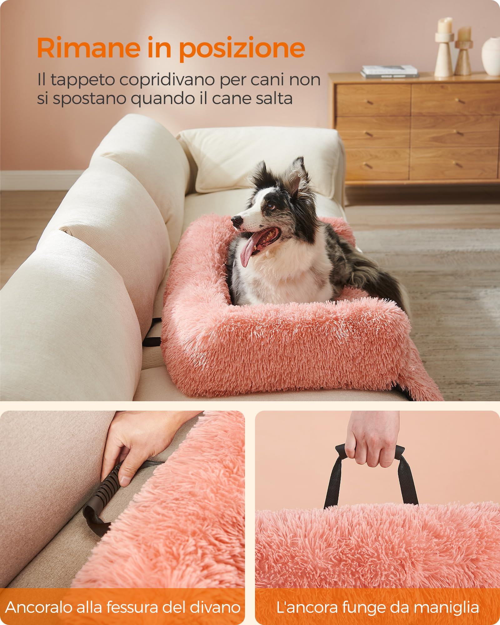 Feandrea FluffyHug Cuccia per Cani di Peluche, Tappeto Copridivano per Animali, Divano per Cani, XL, per Cani di Taglia Meida e Grande, 110 x 95 x 18 cm, Rosa PGW223R01