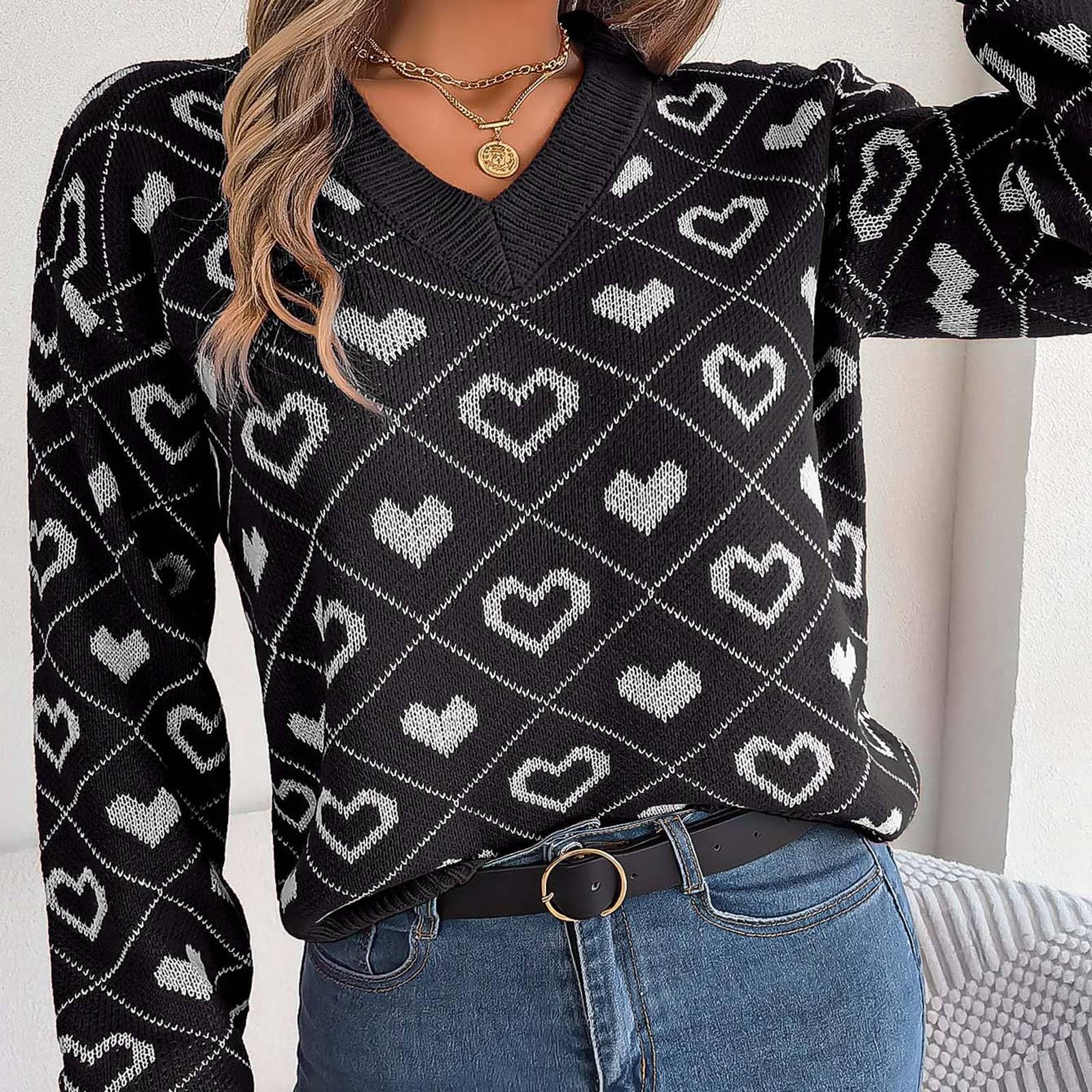 Generisch Jersey de invierno para mujer, estilo informal, colores de contraste, manga de diseño, para San Valentín