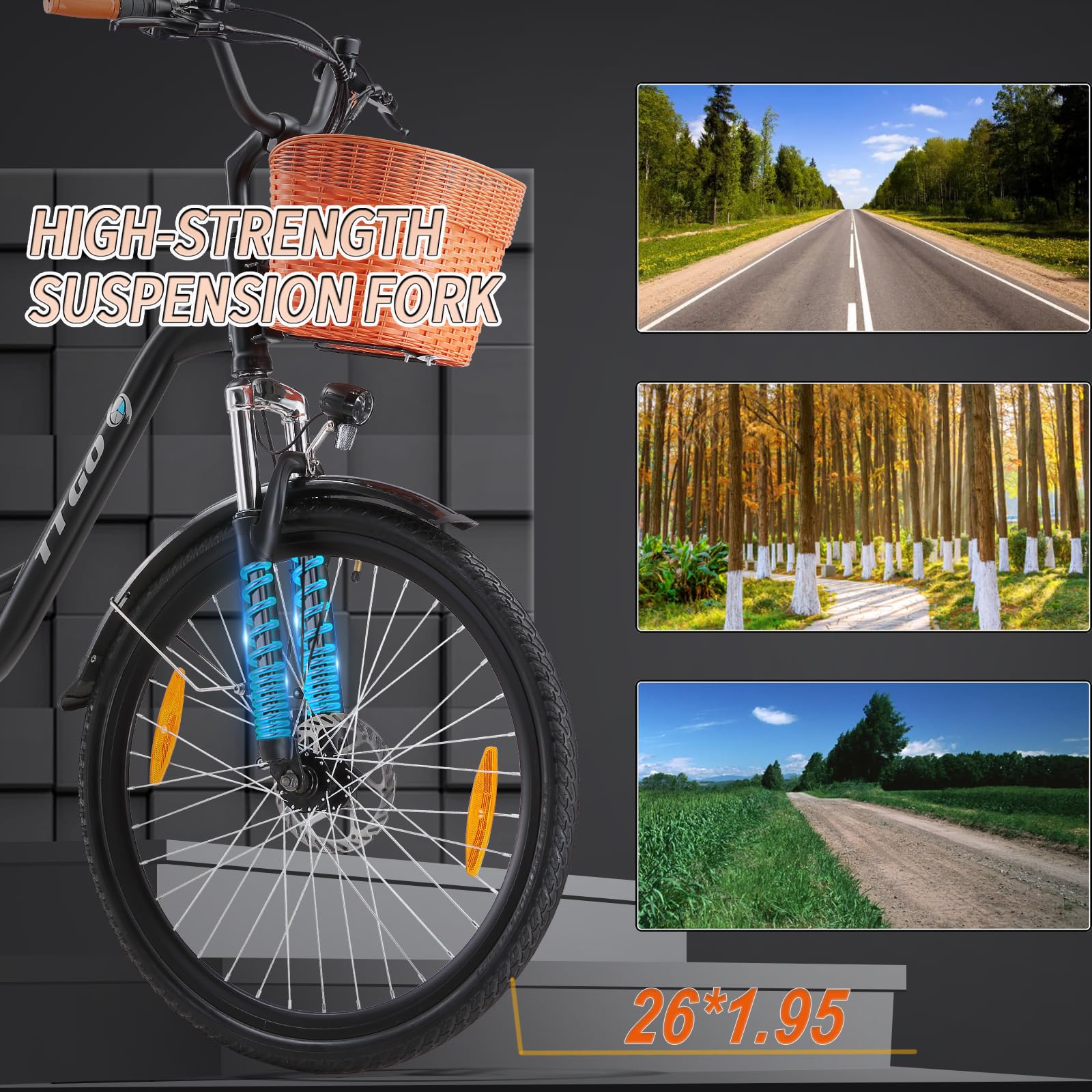 ttgo C2 Vélo électrique 26" avec panier, vélo électrique de ville pour homme et femme avec moteur 250 W 36 V 14,5 Ah, batterie amovible, 25 km/h, 6 vitesses, portée jusqu'à 100 km, vélo électrique