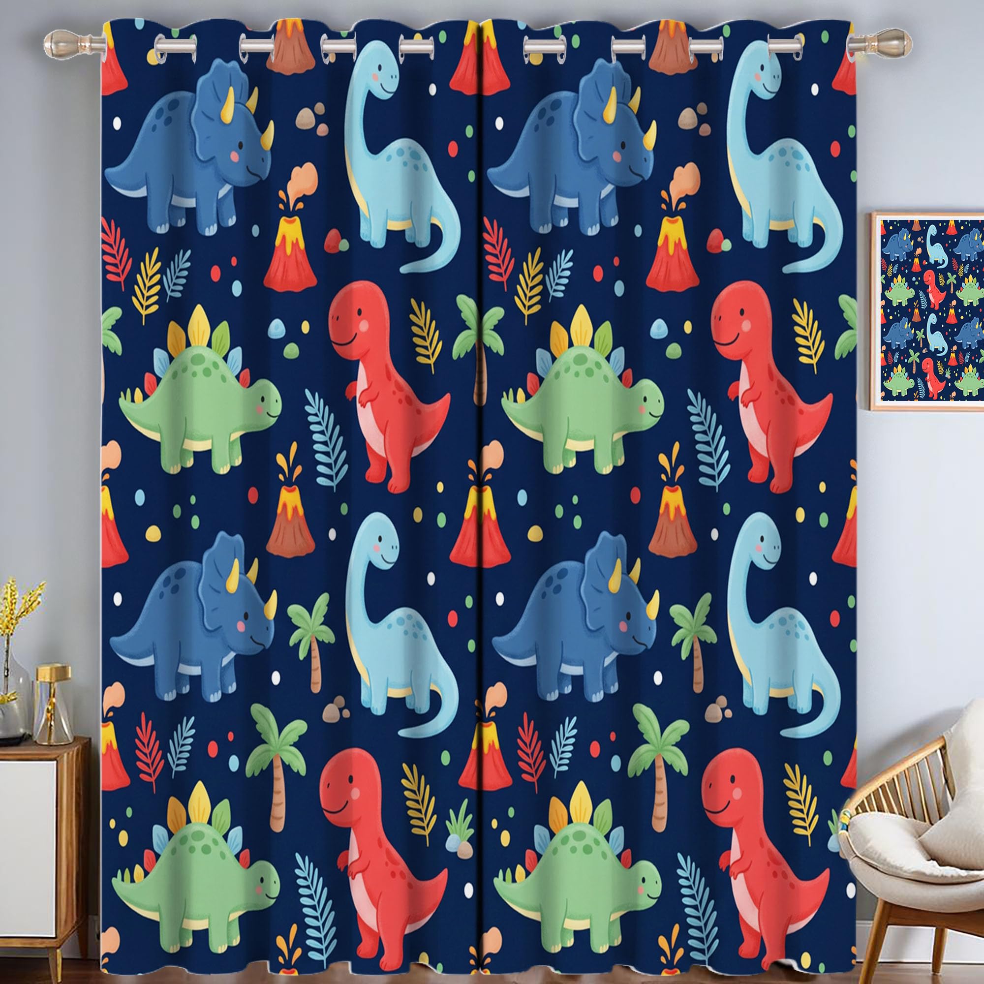 Étoile Volcanique Dinosaure Rideau - Dinosaure pour Enfants Rideau Occultant Thermiques, L140×H240Cm (2 Panneaux) Rideaux À Oeillets pour Decoration Chambre Salon, Draperies Intérieurs, Bleu Marine
