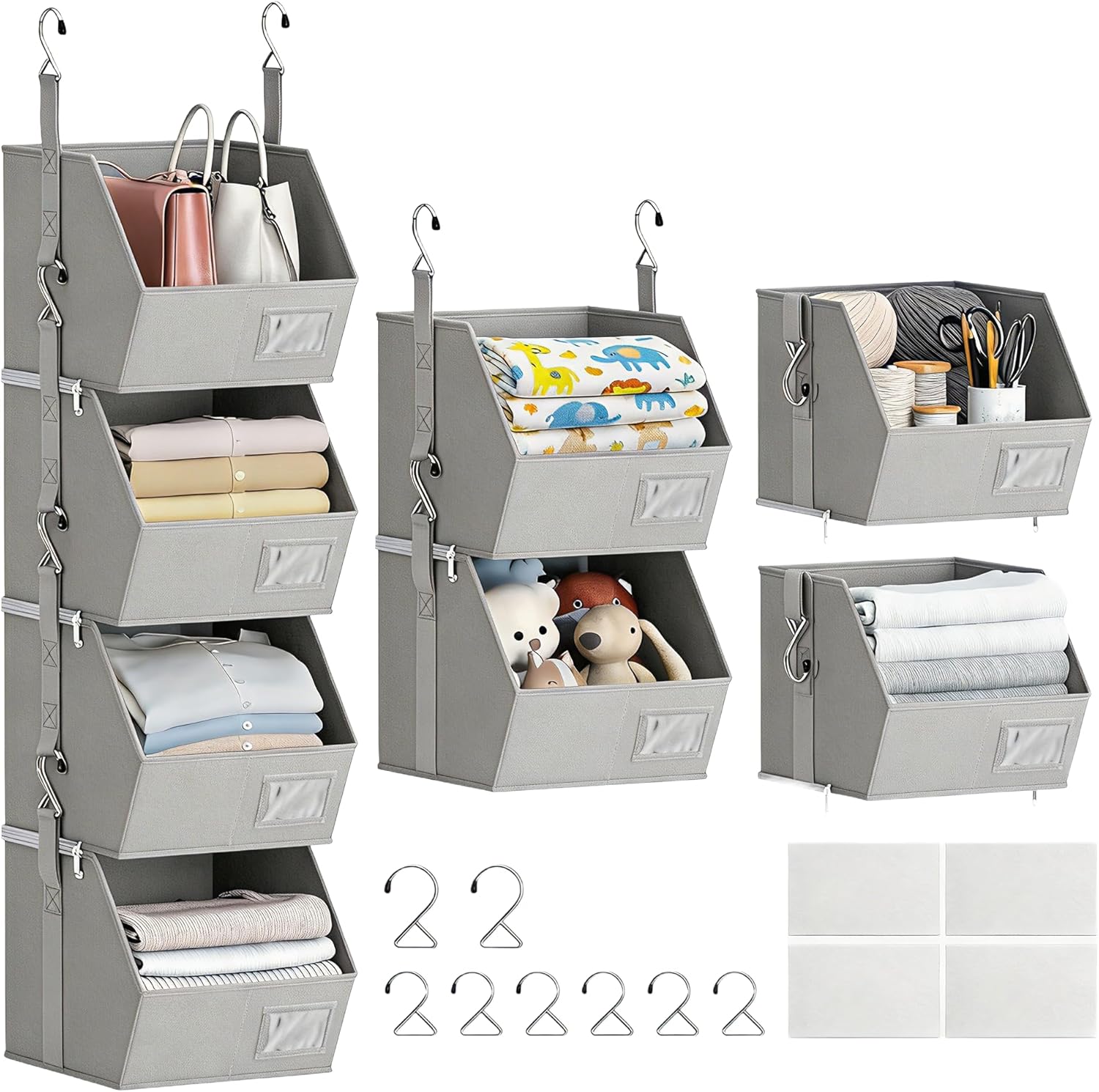 Hanging Closet Organizer 4 Tier, Hanging Shelves for Closet-Hanging Closet Organizer with Stackable Shelves,Versatile Fabric Storage Bins for Bedroom, RV, Nursery,Dorm(Grey)