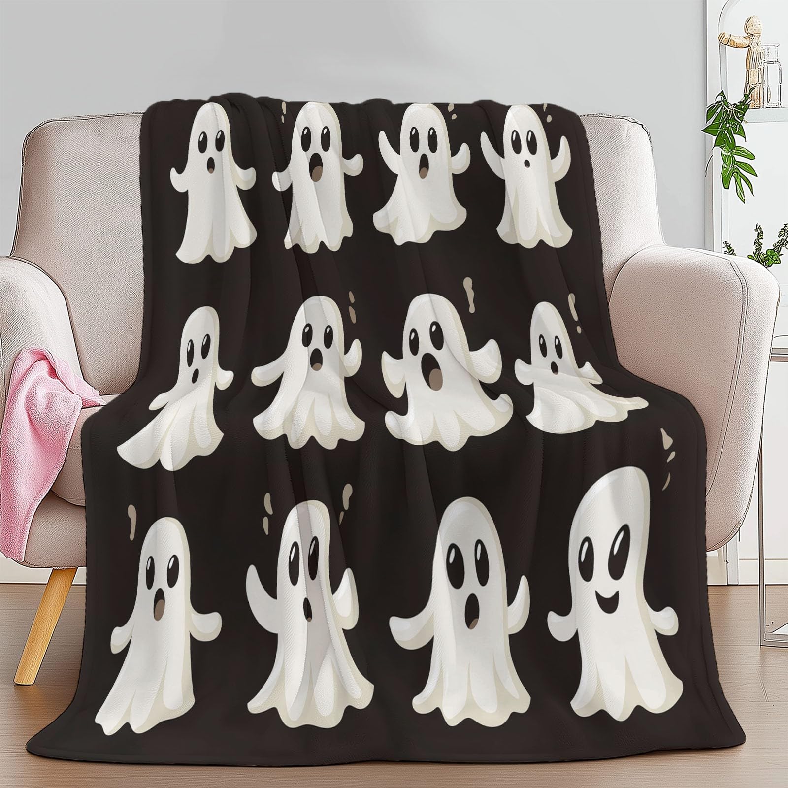 Générique Koc w kratę 150 x 200 cm Małe duchy na Halloween to gracze, bardzo miękki koc flanelowy z nadrukiem, narzuta na sofę premium dla nastolatków i dorosłych, czarny