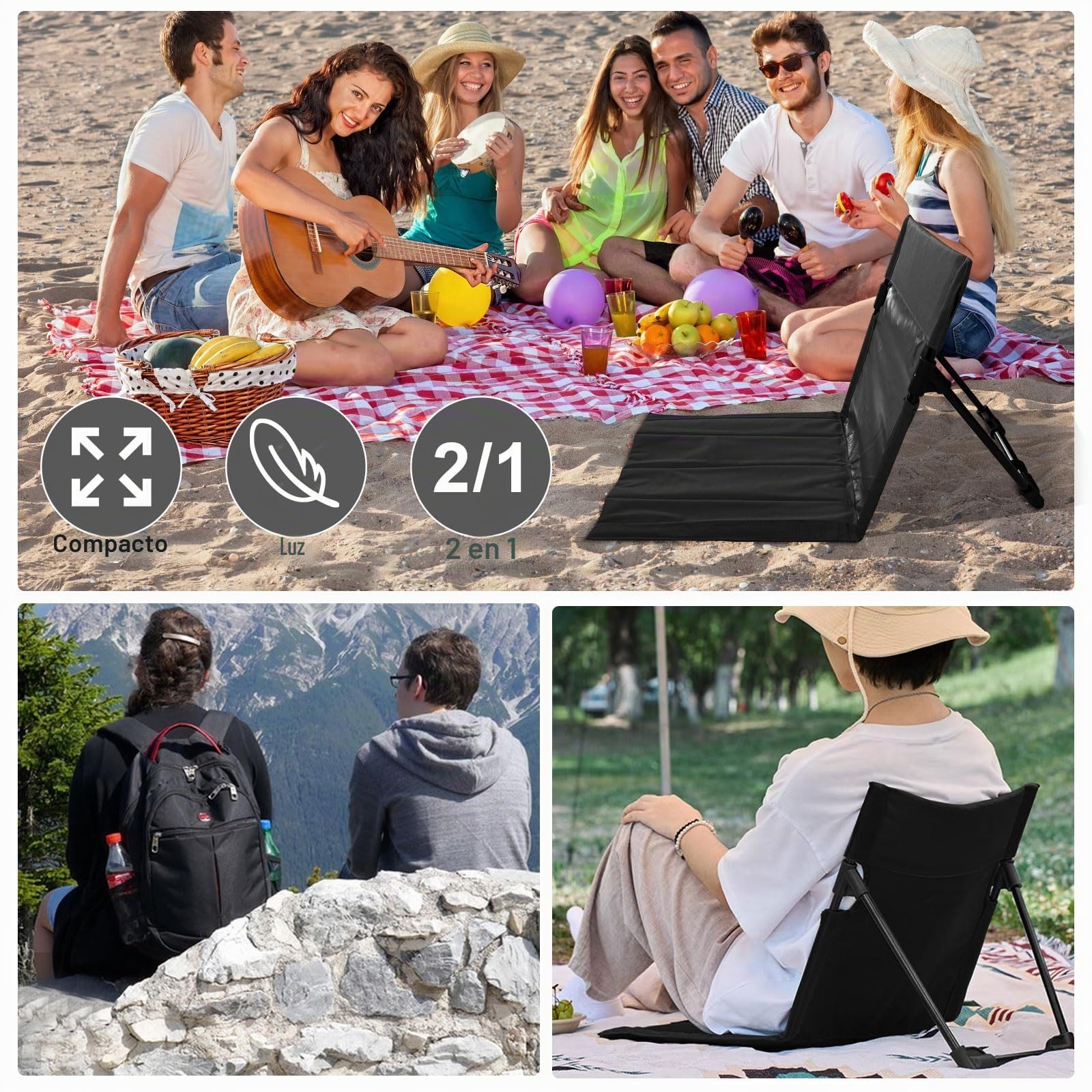 Silla de Suelo Plegable con Respaldo,Ligero y Plegable Tumbona Playa,Ajustable Esterilla De Playa Plegable para Camping, Actividades al Aire Libre, Playa y Viajes (Negro)