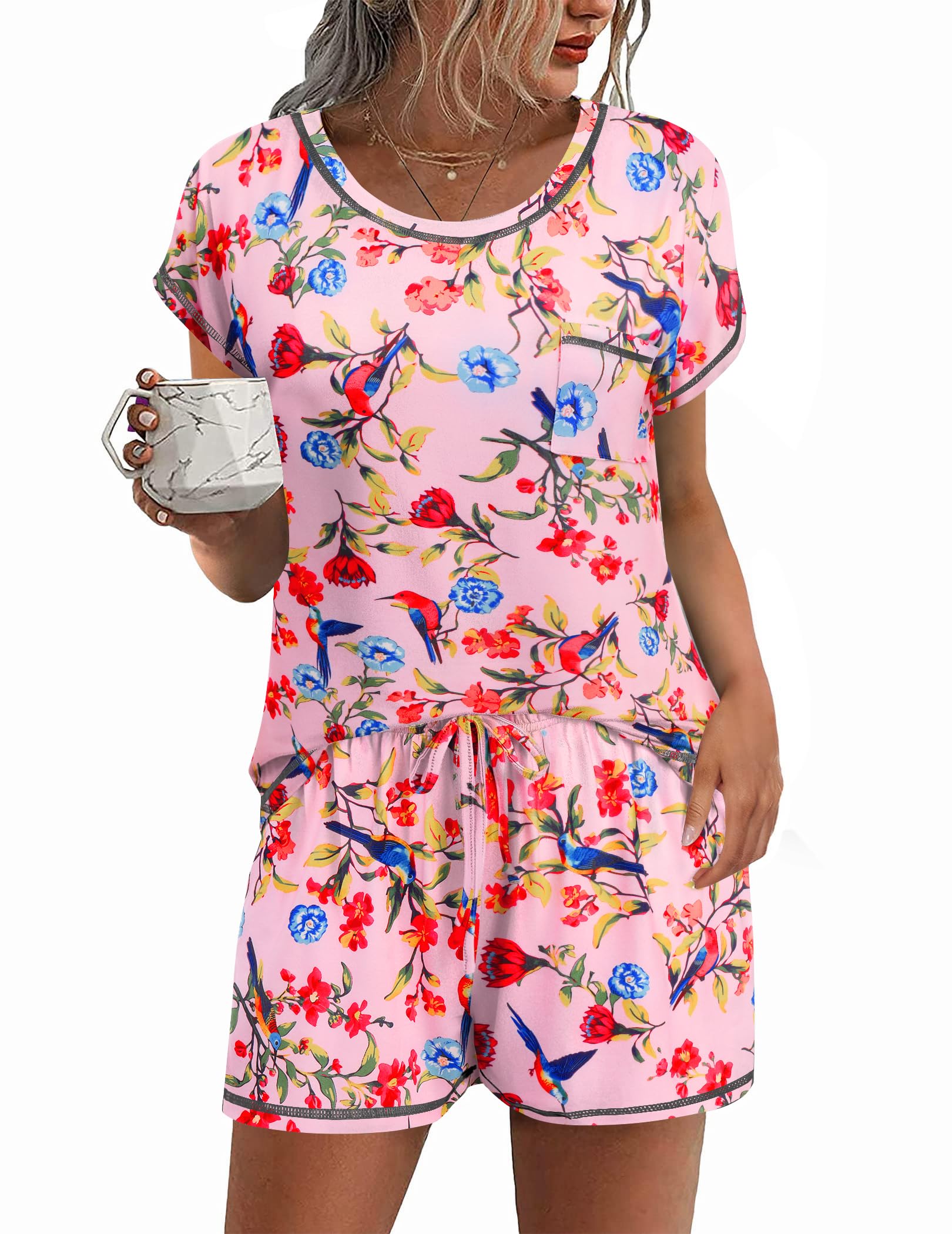 Ekouaer Pajama Set for Women Short Sleeve Tops and Shorts Set 2 Piece Pjs Classic Loungewear with Pockets