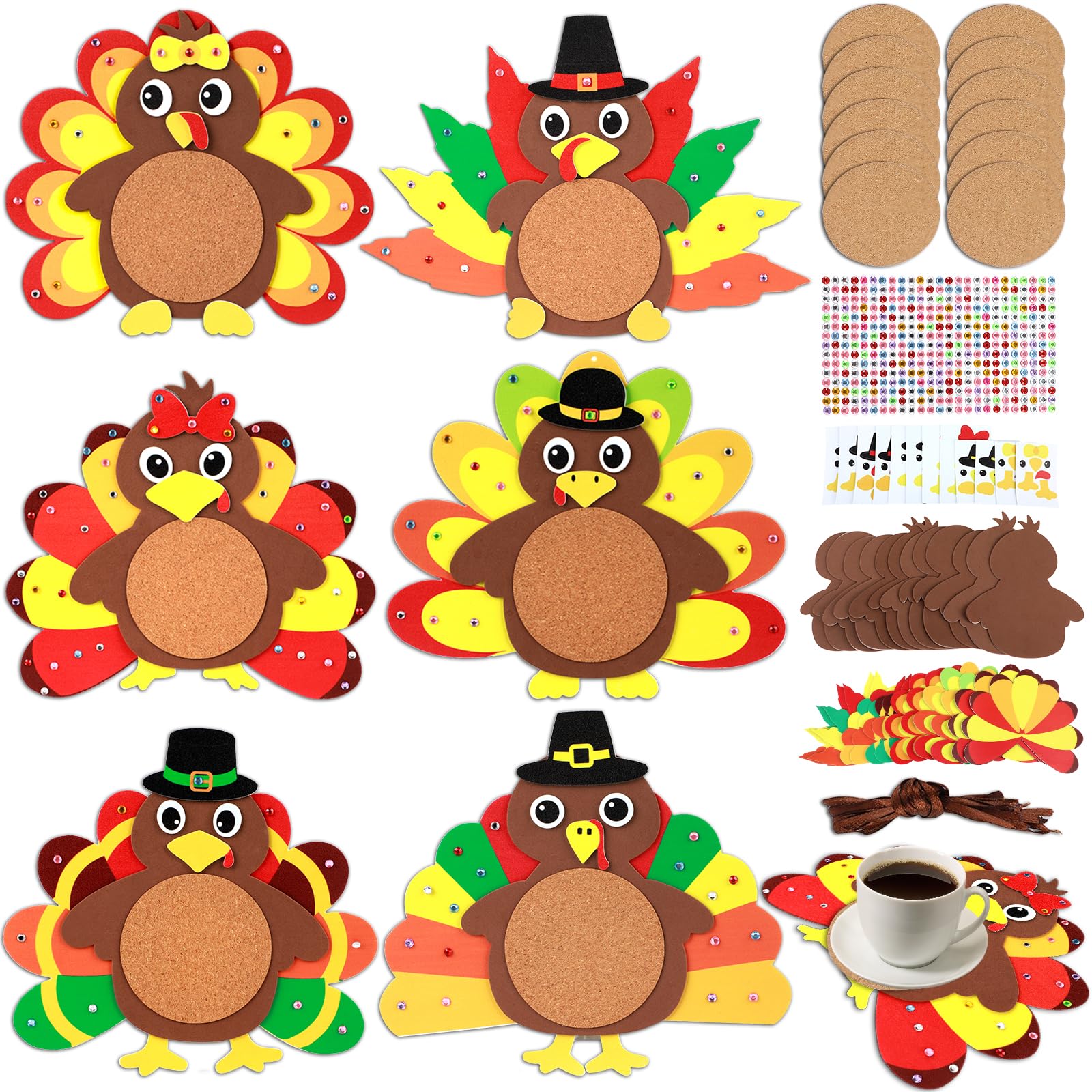 125pcs Turkey Coaster Craft Kits 12 Set Thanksgiving Foam Craft Kit DIY Make you own Turkey Table Cup Mats Fall Autumn Party Decor Supplies Favors for