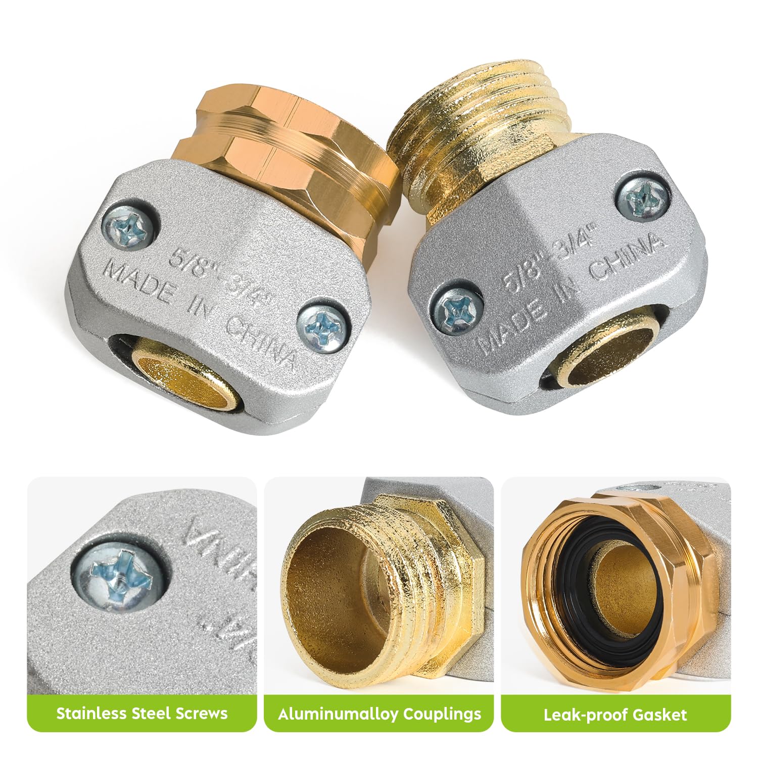 Kit de reparación de extremo de manguera macho y hembra, conector de reparación de manguera de agua de aluminio para mangueras de jardín de 5/8 pulgadas y 3/4 pulgadas, 1 juego