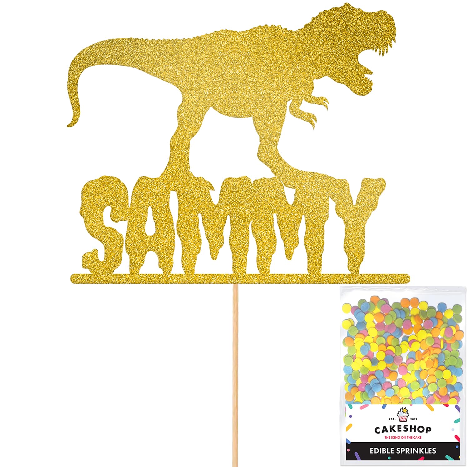 Personalised Birthday Dinosaur Glitter Cake Topper- Gold Any Name & Age Glitter Cake Decoration and Sprinkles - Happy Birthday Decorations - Personalised Toppers for Cakes by Cakeshop