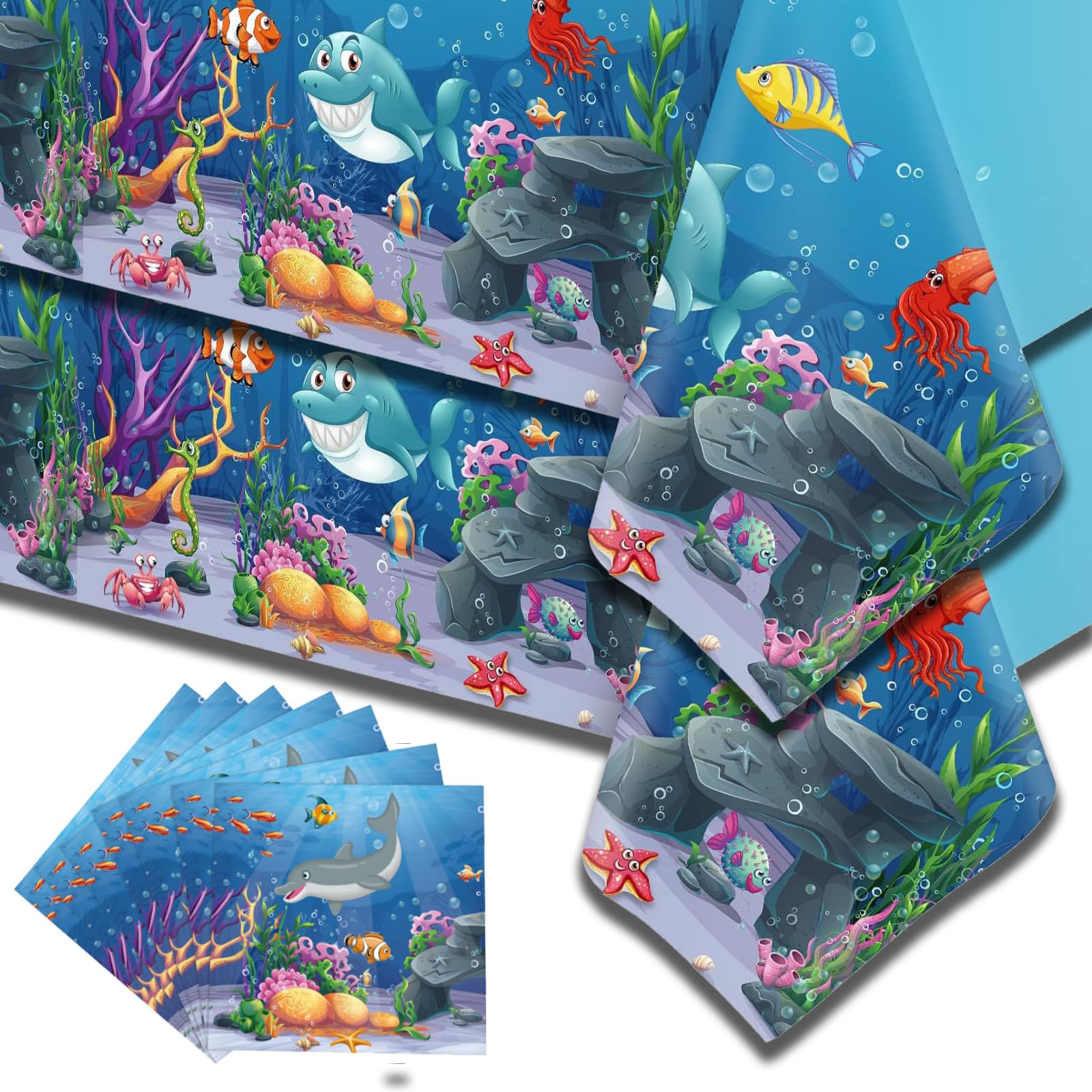 Ocean-Themed Waterproof Tablecloth Set, Cartoon Sea Creatures Design for Poolside Beach Decorations - 2-Pack 54x108 Inch with 20 Matching Napkins for Nautical Birthday Party and Family Gatherings — image 1