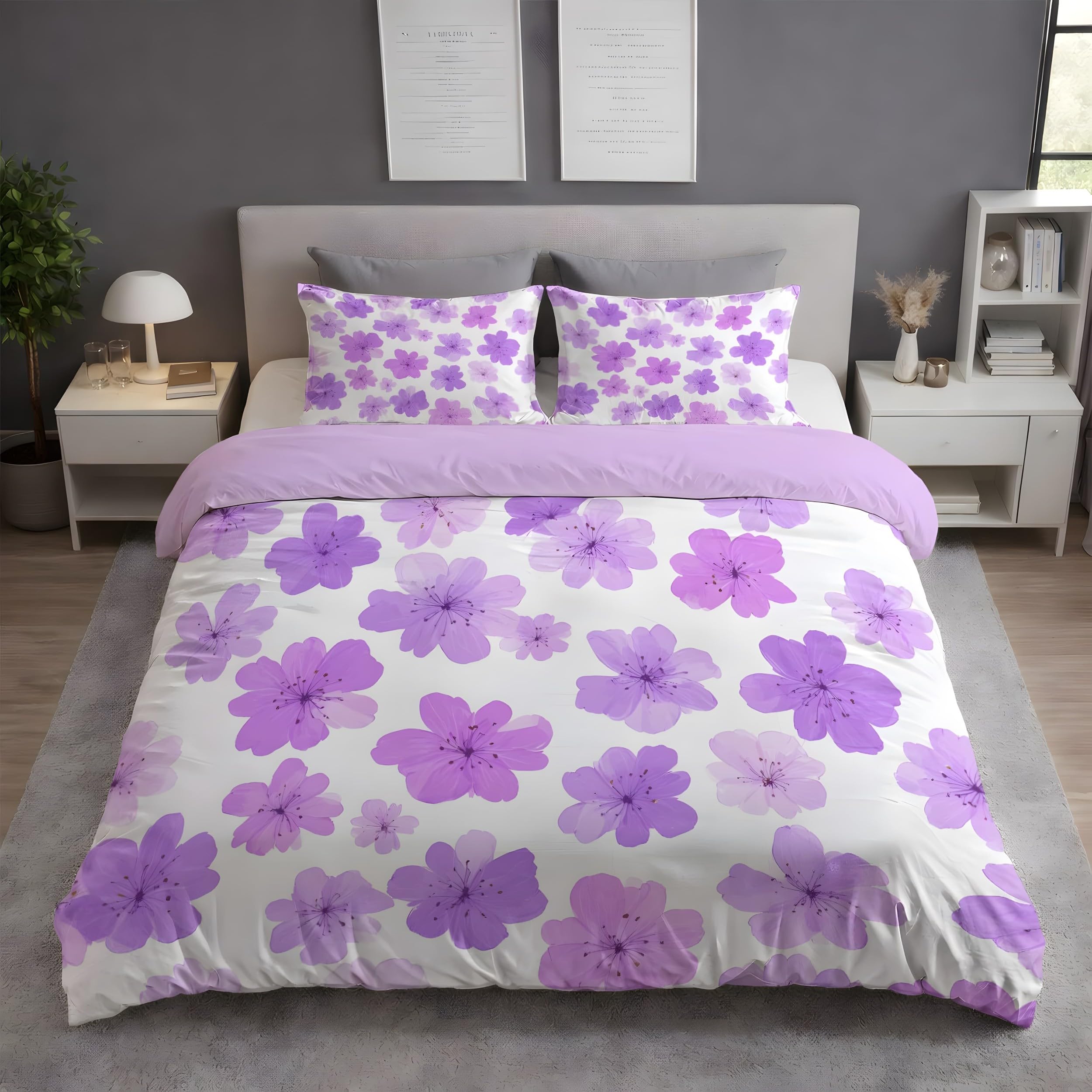 YZQGLHP Purple Flowers Long Double Duvet Cover Set 200x220cm White Soft Microfiber Bedding, Lightweight Quilt Cover with Zip Closure & 2 Pillowcases 50x75cm