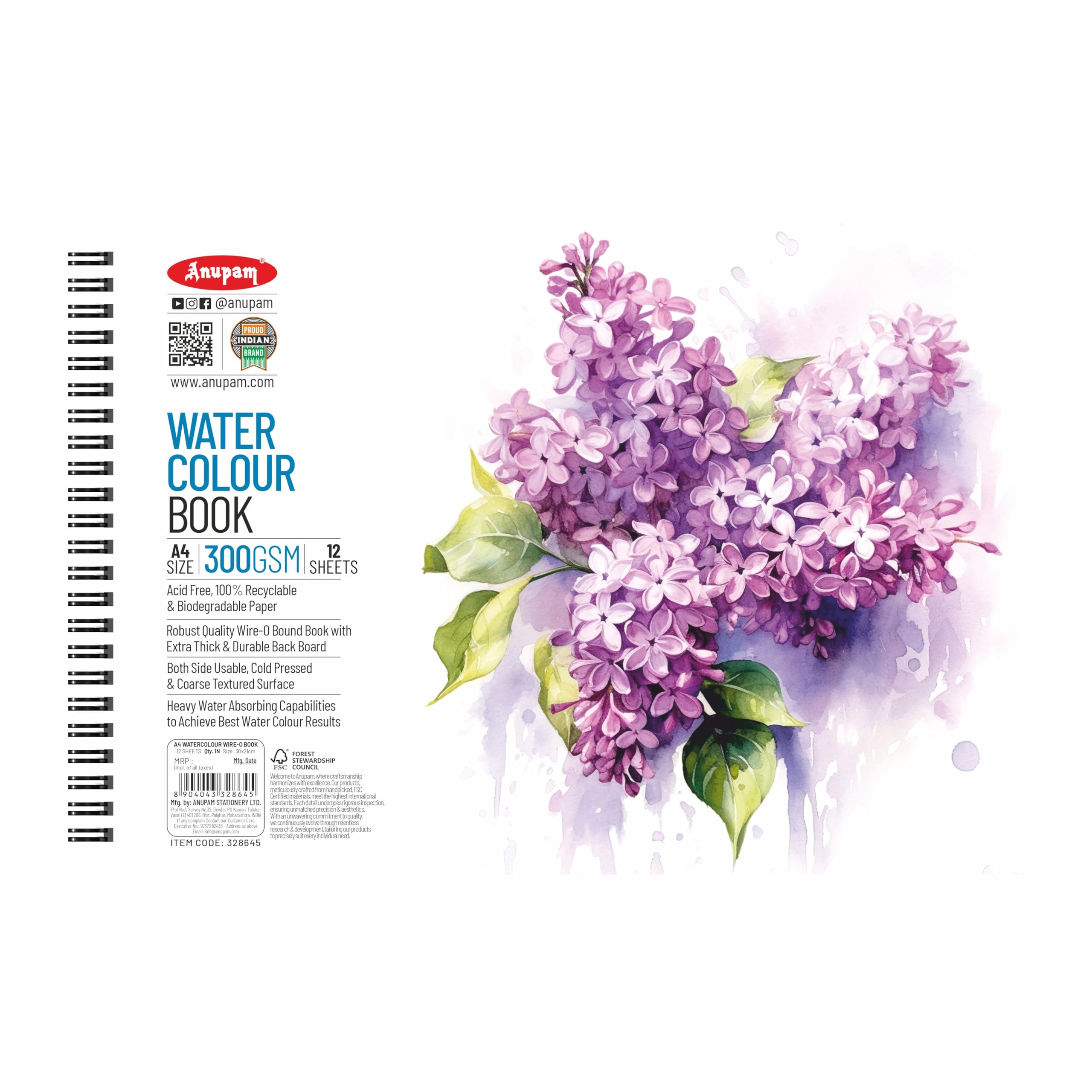 Anupam Artists Watercolour Wire-O Book 300 GSM Cold Pressed A4 24 Pages for Watercolour, Gouache, Ink, Acrylic, Wet & Mixed Media, Art Painting, Drawing for Artists & Amateurs