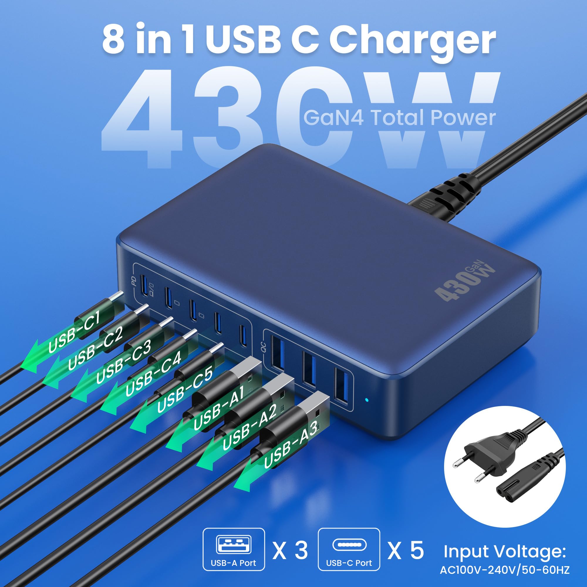430W Caricatore USB Multiplo,8 Port GaN Ⅳ 100W PD Caricabatterie Multipla PPS QC Alimentatore USB C Stazione di Ricarica Multipresa per MacBook Air/Pro Laptop iPhone iPad Samsung SteamDeck-Blu