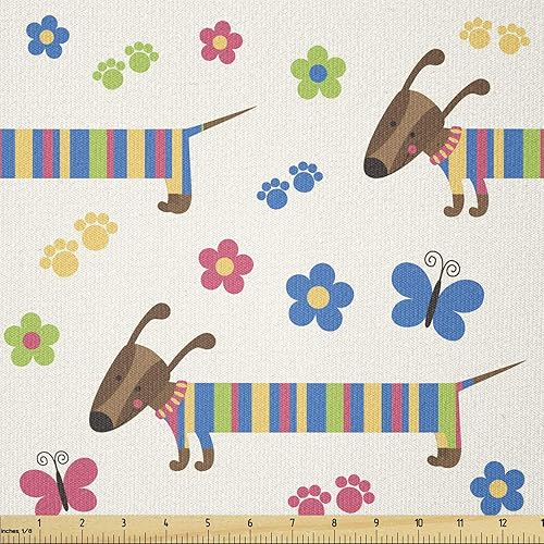 Ambesonne Dog Lover Fabric by The Yard, Wiener Dog Cartoon Dachshund Puppy with Striped Pajamas Flowers and Butterflies, Stretch Knit Fabric for