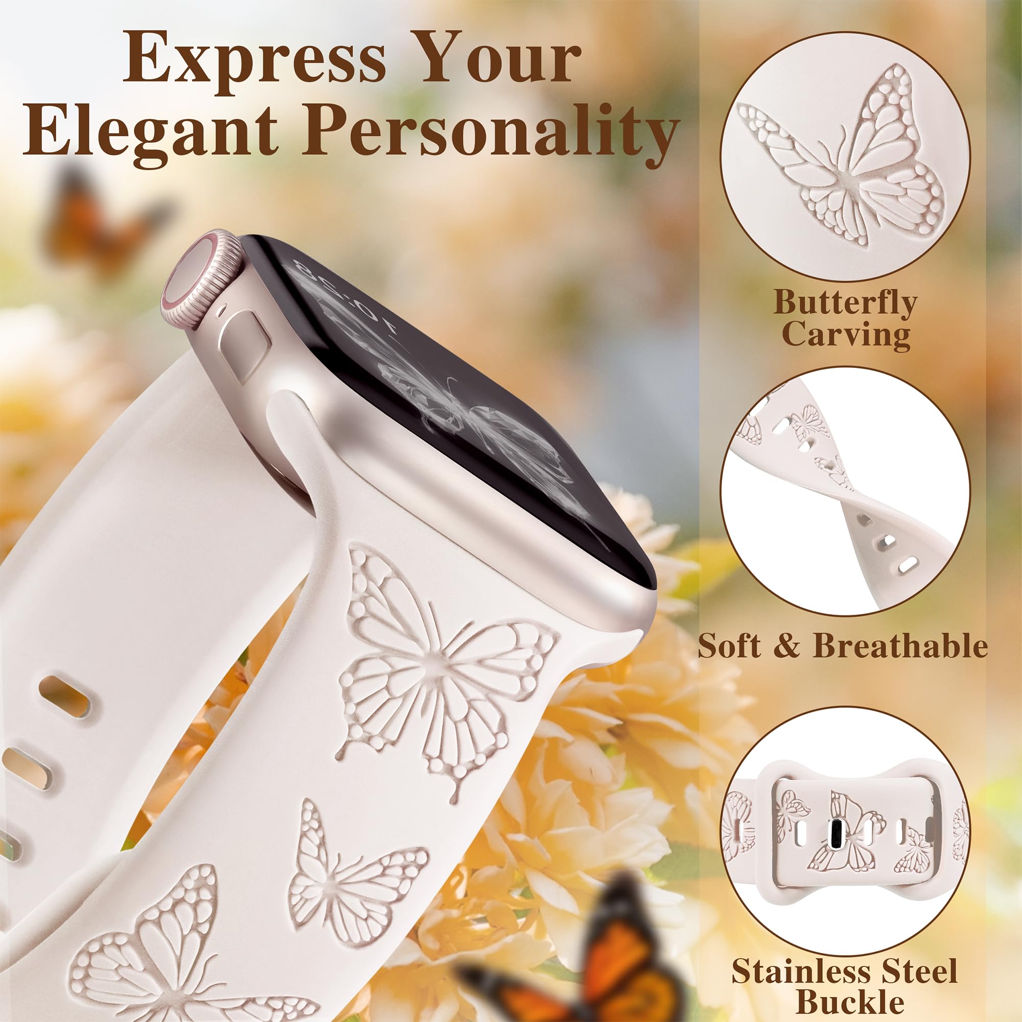 YGTIECS Butterfly Engraved Bands Compatible with Apple Watch Bands for Women 45mm 44mm 42mm 49mm, Elegance Silicone Butterflies Embossed Strap for iWatch Bands Series Ultra 2 Ultra SE 9 8 7 6 5 4 3 2