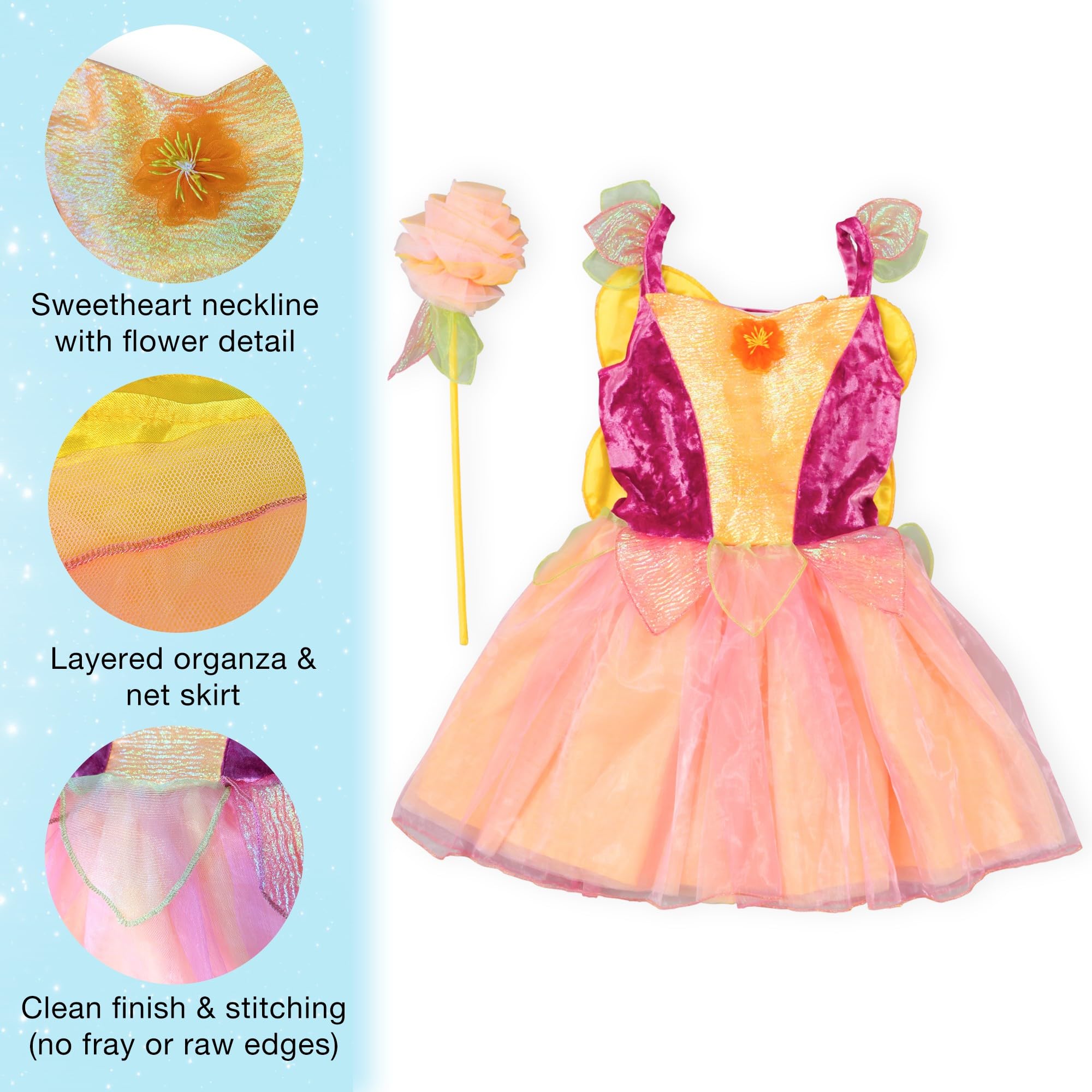 PRETEND TO BEE Pink Flower Fairy Dress Up Costume for Kids Includes Dress, Wings and Wand, 5-7 Years, Pink, Peach and Yellow - Image 4