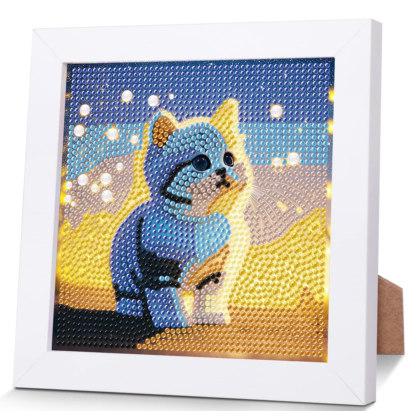 Cat Diamond Painting Kits for Kids with Wooden Frame-5D Diamond Art Kits for Kids,Animal Gem Painting Easy Kits,Full Drill Art Kits Crafts Sets for Girls,Boys,Children Ages 6-7-8-9-12(7x7inch)