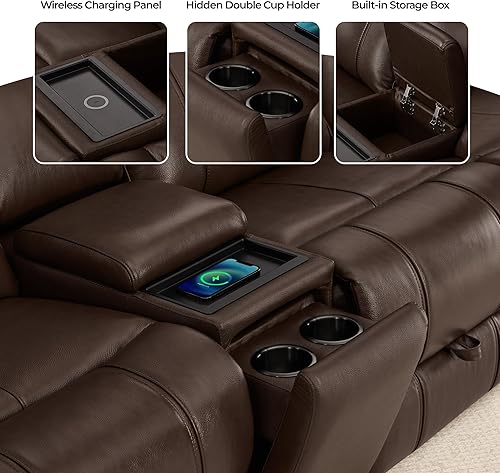 Miniatura 6 de CHITA Sofá reclinable eléctrico de cuero genuino, sofá reclinable de pared con mesa desplegable, consola, reposacabezas eléctrico, cajones, puertos