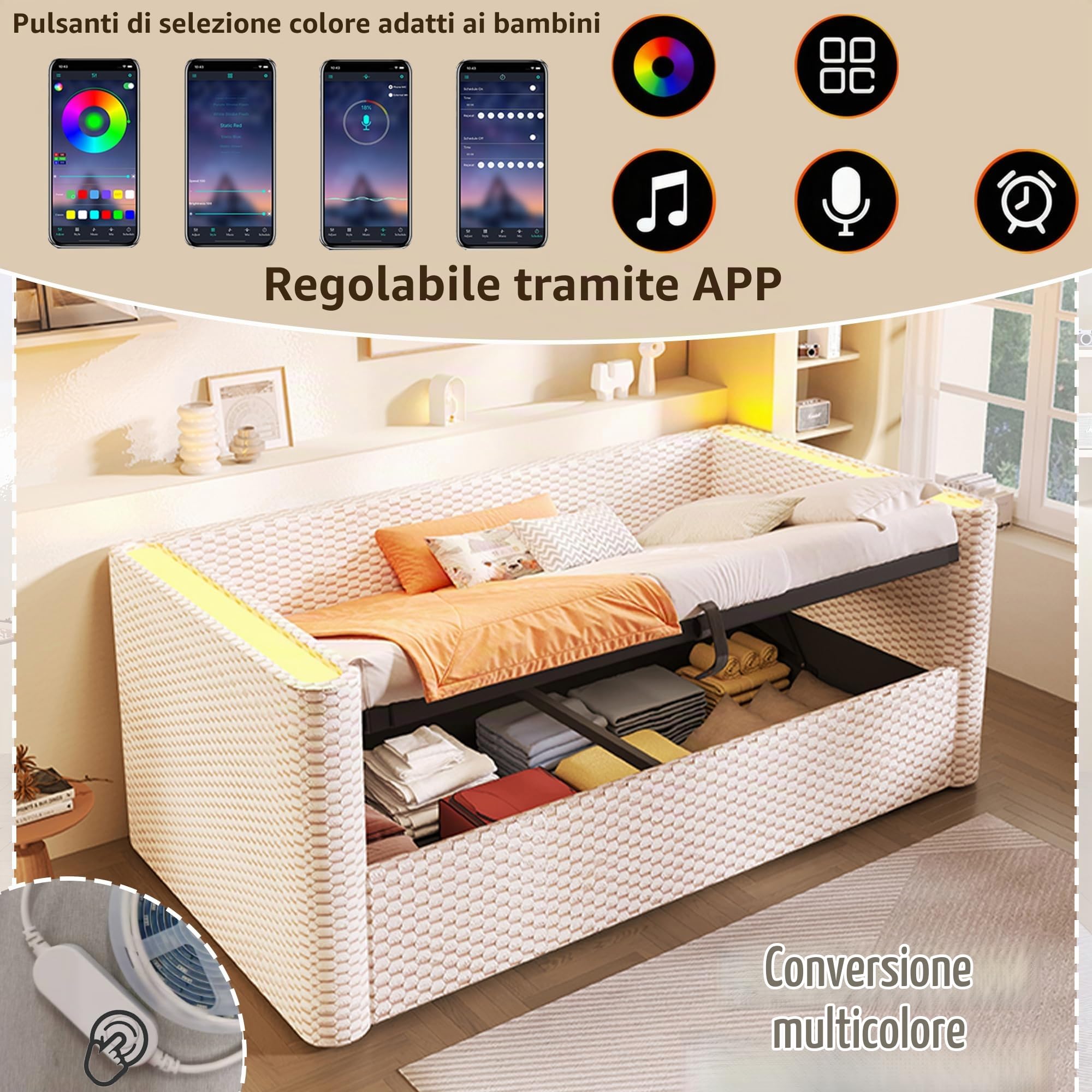Divano letto 90 x 200 cm con illuminazione a LED, Letto Singolo Imbottito con Contenitore Idraulico, Rete a doghe, Tessuto in Velluto, Beige