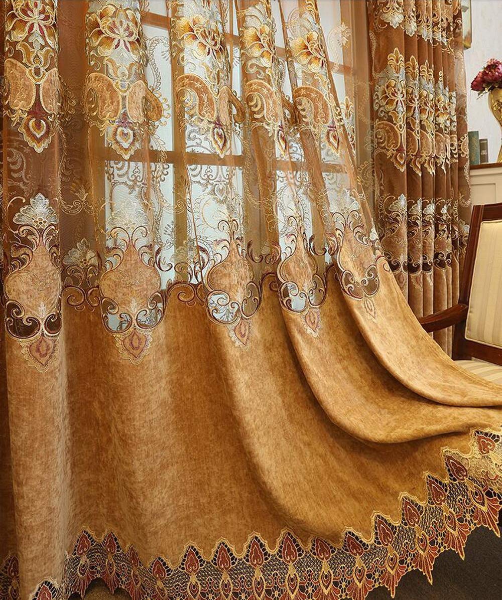 Buy ZZCZZC 2 Pack European Luxury Chenille Curtains Hollowed Brown