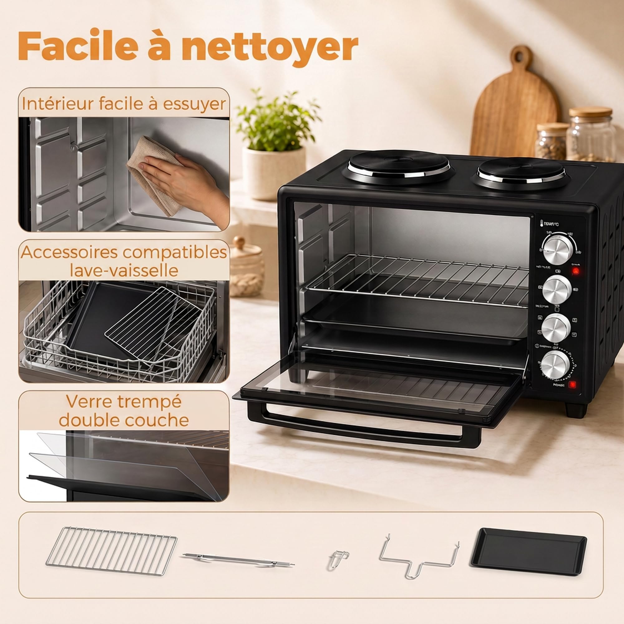 HOMCOM Mini-Four avec 2 Plaques de Cuisson, Broche Rotative, 46L, Noir