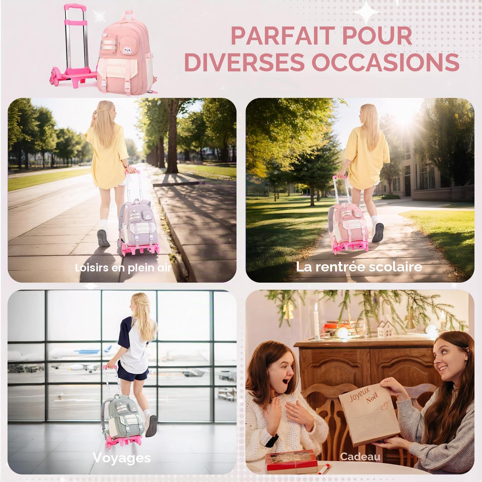 Amythe Cartable à Roulettes pour Filles 9 à 16 ans, 6 Roues 28L Rose