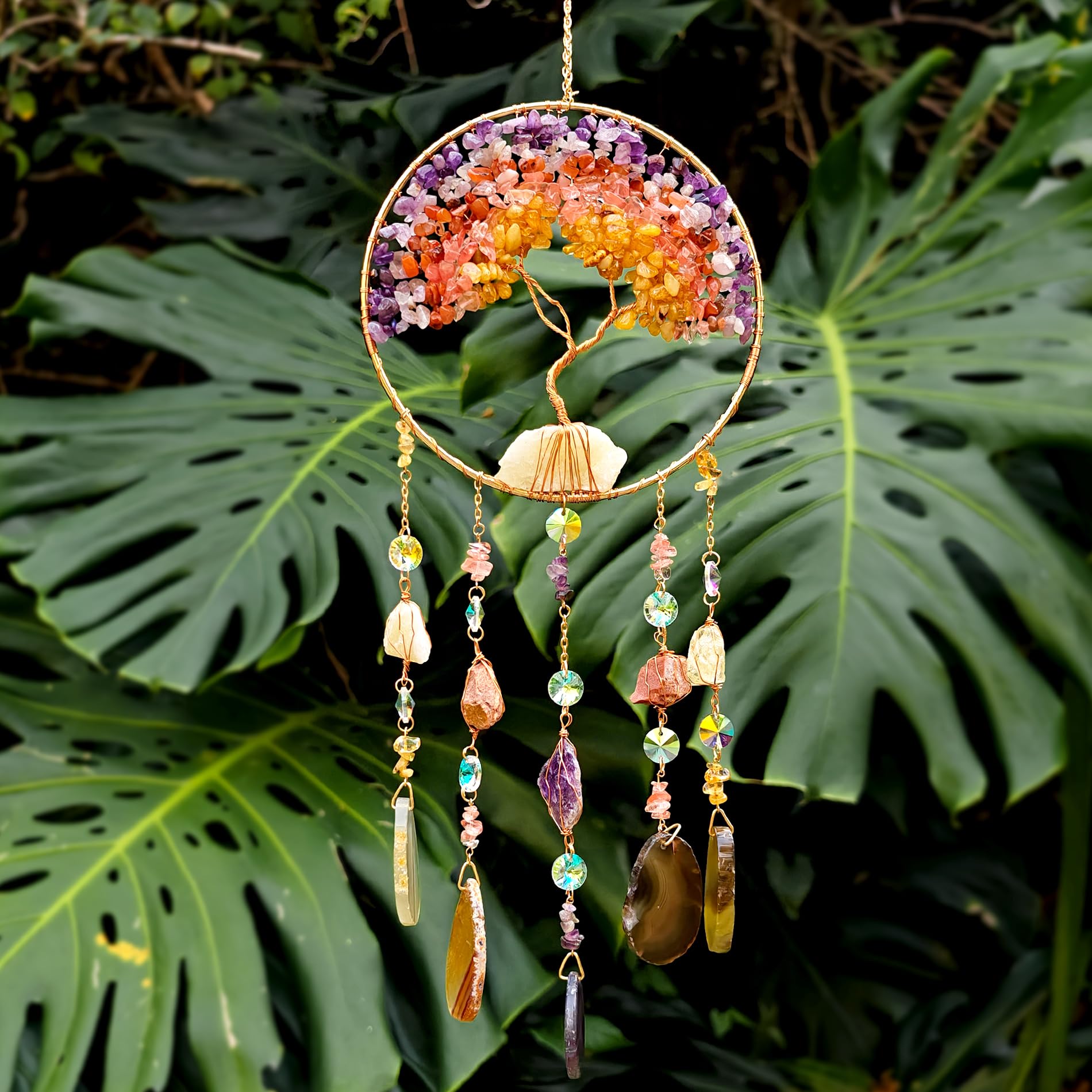 Atrapasueños de árbol de la vida, decoración bohemia para colgar en la pared para dormitorio, sala de estar, hecho a mano, piedra de cristal curativo, regalo para mujeres, mamá, cumpleaños
