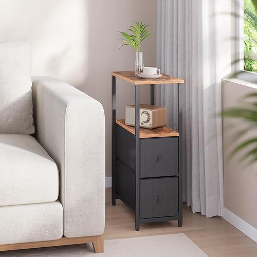 Miniatura 4 de TUTOTAK Mesa auxiliar estrecha pequeña, juego de 2, mesa auxiliar, mesita de noche con 2 cajones de tela, mesa de sofá, para sala de estar,