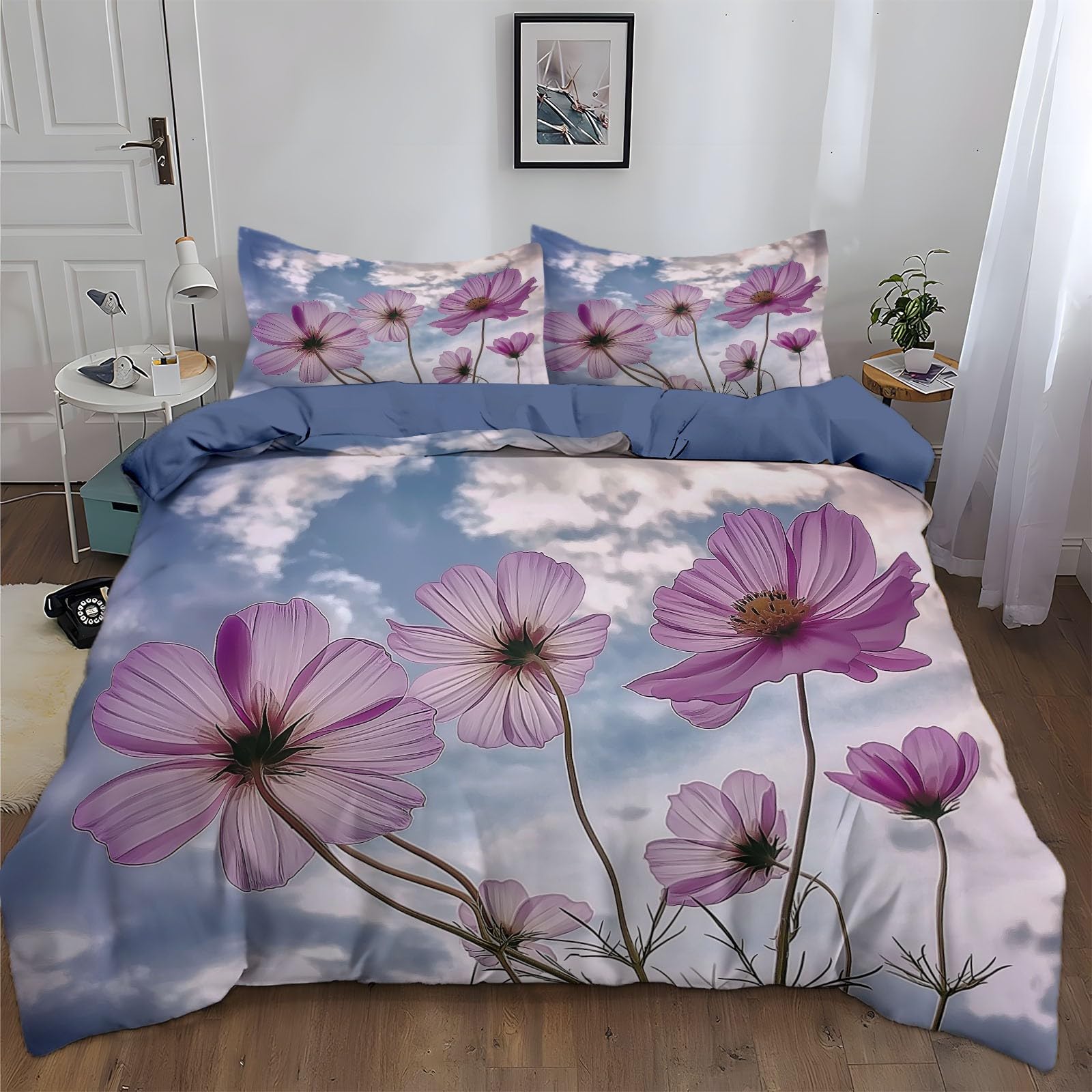 Komplet pościeli 155 x 220 cm, chryzantema, liliowa, 3-częściowy zestaw pościeli z zamkiem błyskawicznym, miękka mikrofibra, bawełniana poszewka na poduszkę z 2 poszewkami na poduszkę, całoroczna