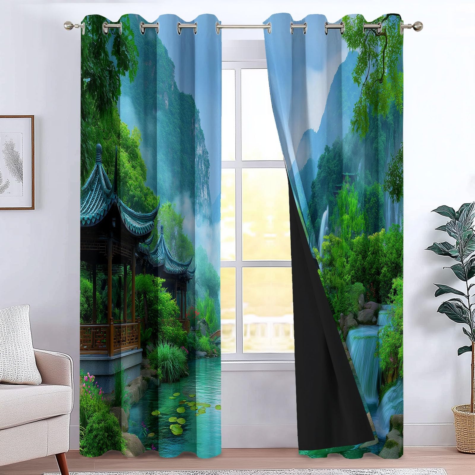 Generico 110 x 215 cm zestaw 2 paneli zasłon do wnętrz, anime krajobraz las pawilony nieprzezroczyste zasłony sypialnia salon zaciemniające, niebieskie zasłony dla chłopców i dziewcząt