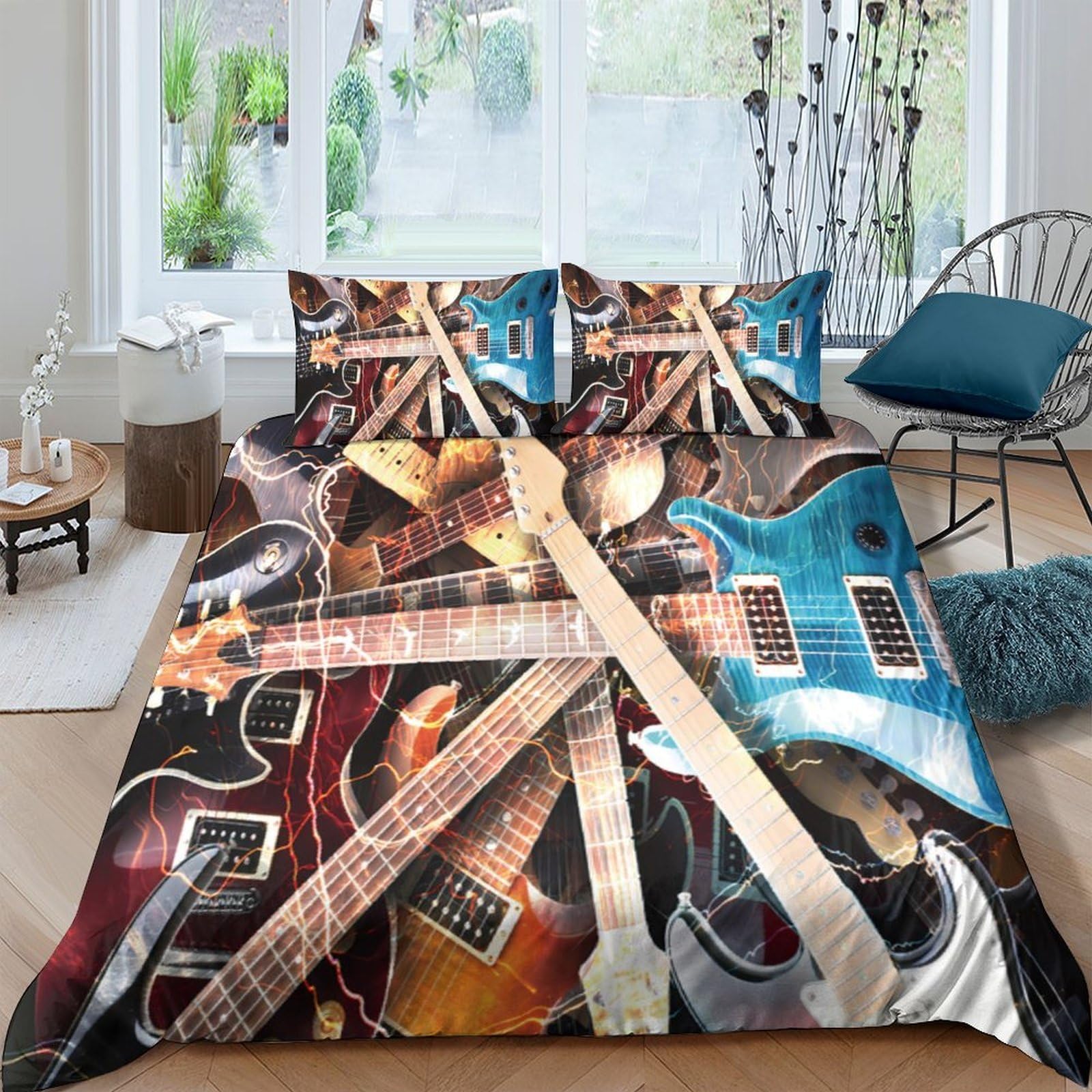Ctjqhvkz Style-5 3D Printed Guitar Collage Fitted Sheet Microfiber Vibrant Electric Instrument Bed Cover For Bedroom Dorm Decor Single（135X200cm）